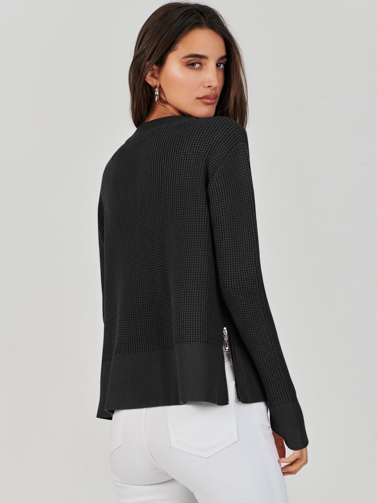 ANRABESS Women's Long Sleeve Waffle Knit Pullover Sweater with Side Zipper & Thumbholes | Casual Crewneck Top for Fall 2024 | Perfect for Autumn Layering, Coffee Dates & Weekend Outings