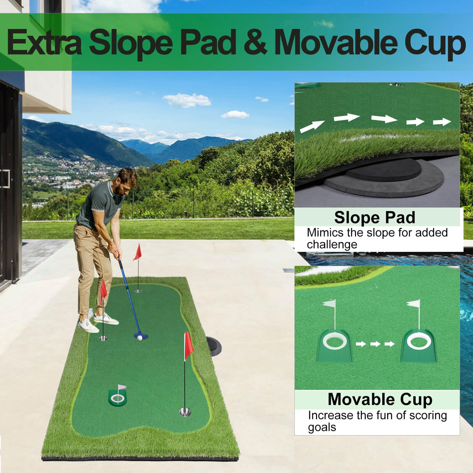Professional Golf Putting Green Mat with Putter, Movable Cup & Slope Pad - Indoor/Outdoor Golf Training Aid for Home Practice & Backyard Drills