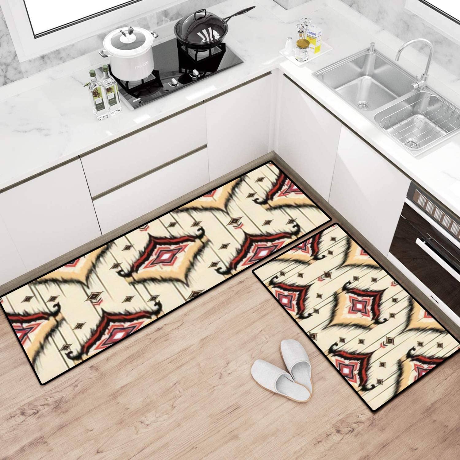 Non-Slip Washable Kitchen Rugs Set - Ikat Geometric Tribal Ethnic Floor Mats, Anti-Fatigue Standing Mats for Kitchen, Bathroom & Entryway Decor