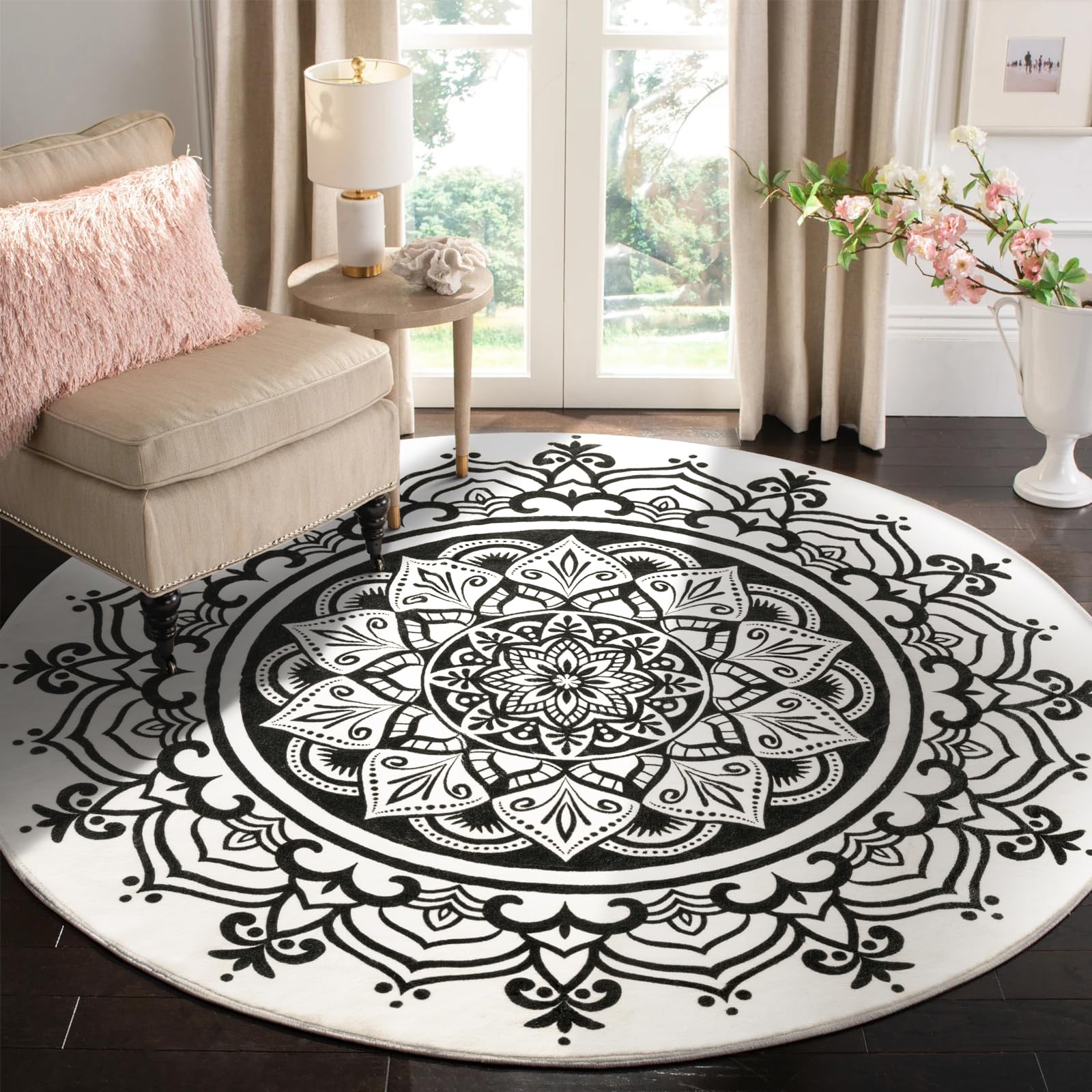 Boho Mandala Print 5' Round Area Rug - Non Slip Machine Washable Soft Floor Mat for Living Room, Bedroom, Nursery & Entryway - Ivory & Black Circle Rug for Home Decor, Yoga Space & Meditation Room