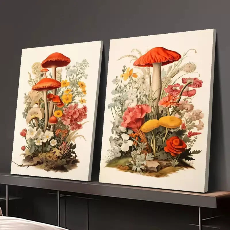 2-Piece Realistic Retro Mushroom & Floral Plant Canvas Wall Art - 50x75cm Framed High-Quality Print | 100% Australian Made | Ready to Hang | Perfect for Living Room, Bedroom & Office Decor