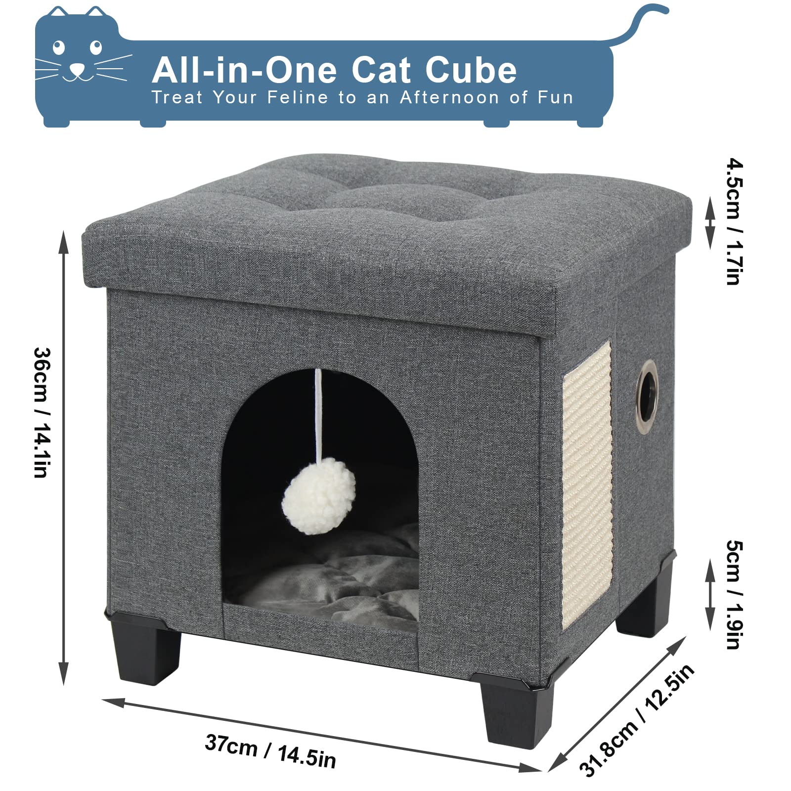 BRIAN & DANY Foldable Cat Bed for Indoor Cats - Large Cat Cube House with Scratch Board & Toy Ball, 14.5