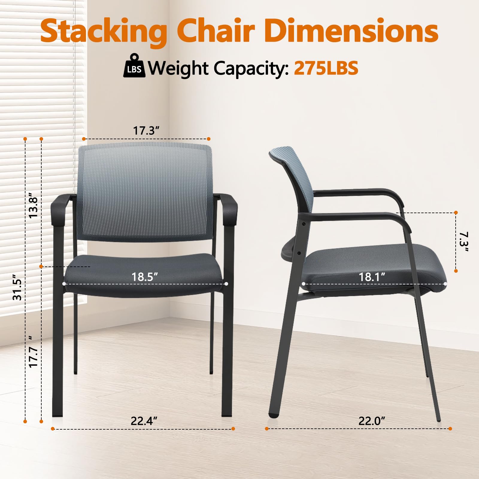 CLATINA Ergonomic Mesh Office Chair with Fabric Seat & Lumbar Support - Stackable Conference Chairs for School, Church, Guest Reception (Set of 4, Gray) - Perfect for Home Office, Conference Rooms & Waiting Areas