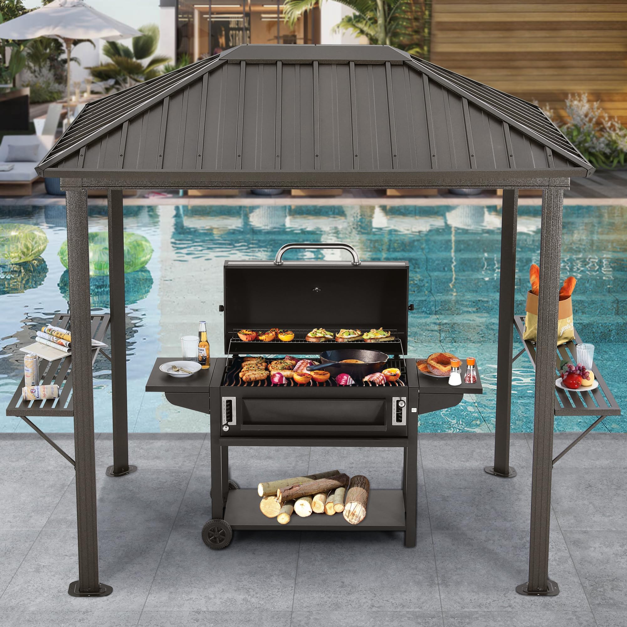 ABCCANOPY 6x8 Hardtop Grill Gazebo - Galvanized Steel Outdoor BBQ Pavilion with Aluminum Frame & Shelves for Patio, Backyard, Garden (Dark Brown, Single Roof) | Perfect for Outdoor Cooking, Dining & Entertaining