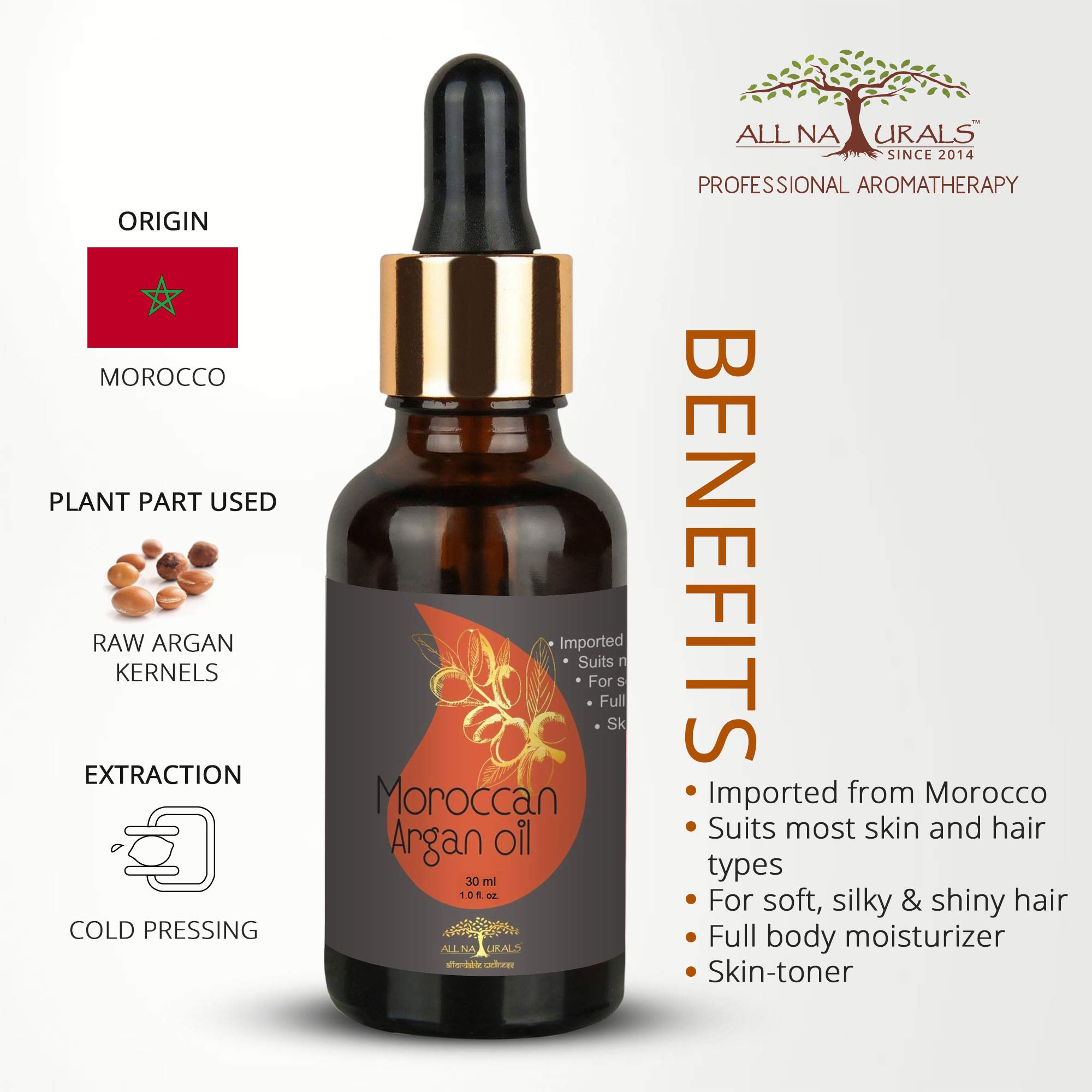 Pure Cold-Pressed Moroccan Argan Oil for Hair Growth, Skin Care & Face Massage - 100% Natural Undiluted Carrier Oil - 30ml - Perfect for Dry Hair Treatment, Anti-Aging & Daily Moisturizing Routine
