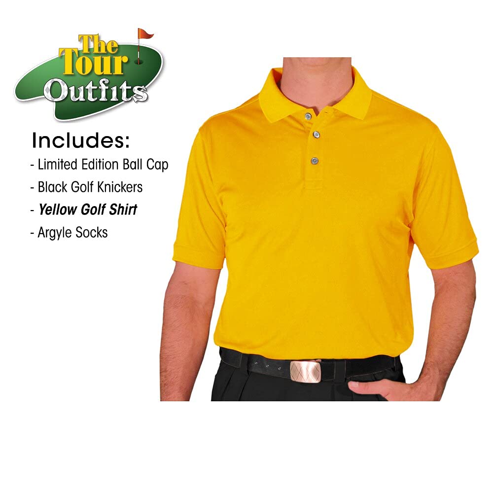 Men's Black Microfiber Outfit Set - Limited Edition Ball Cap, Over-The-Calf Argyle Socks & Yellow Golf Shirt | Perfect for Golfing, Casual Wear & Sports Events