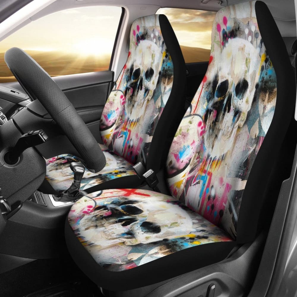 2 Pcs Gothic Skull Car Seat Covers - Universal Fit for Most Vehicles - Black PU Leather with Skull Design - Perfect for Halloween, Car Enthusiasts & Gothic Style Lovers