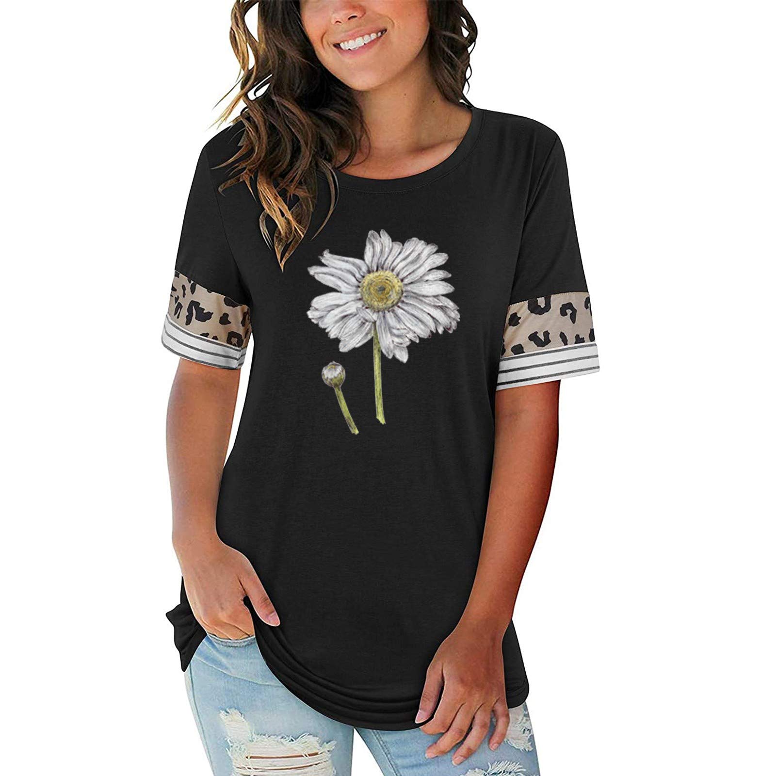 Women's Floral Printed Short Sleeve T-Shirt - Crewneck Summer Top with Side Split Design - Casual Wear, Beach Outfit & Vacation Essential