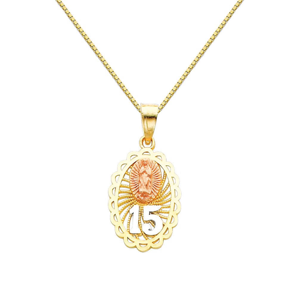 14K Tri-Color Gold 15 Años Pendant Necklace with 0.65mm Box Link Chain - Elegant Jewelry Gift for Women, Perfect for Anniversaries, Birthdays & Special Occasions