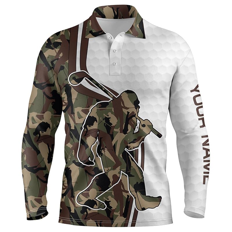 Funny Bigfoot Golf Polo Shirts for Men - Camouflage Pattern White Custom Name Sasquatch Playing Golf Apparel - Short Sleeve Breathable Performance Shirt - Perfect Golf Gift & Casual Wear for Outdoor Activities