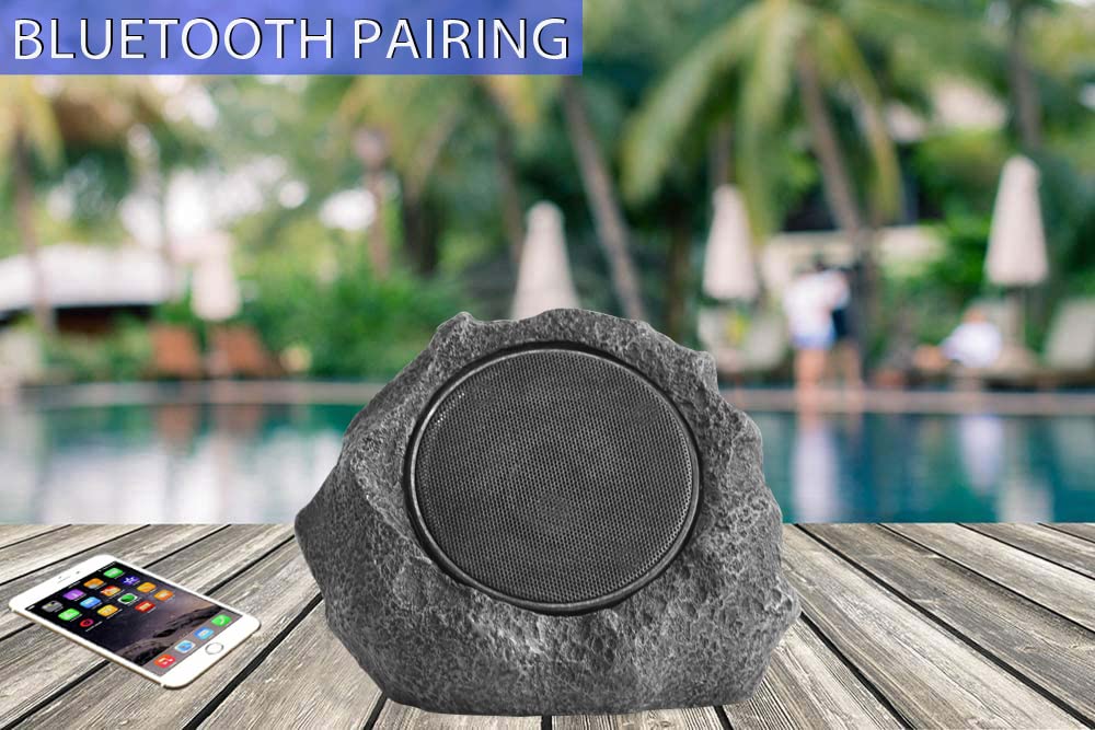Deck Impressions Solar 5-Watt Outdoor Wireless Charcoal Rock Speaker with Bluetooth Technology - Pair 2 Speakers (3.5