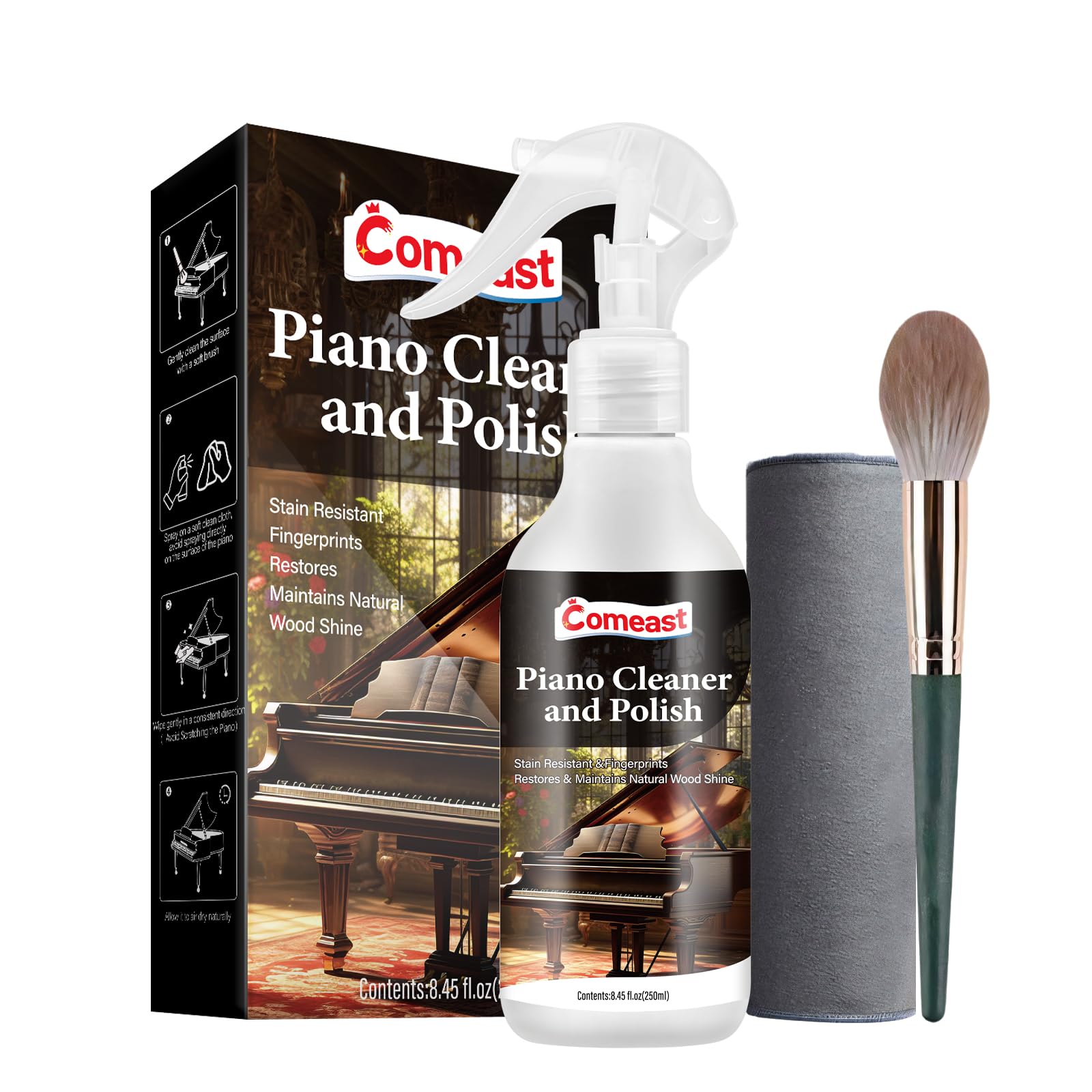 Premium Piano Cleaner & Polish - All-in-One Formula for Cleaning, Waxing & Protecting Glossy Finishes | Restores Shine, Removes Fingerprints & Stains | Enhances Wood & Lacquer Surfaces | 8.45 Fl Oz | Perfect for Home Pianos, Keyboards & Musical Instruments Maintenance