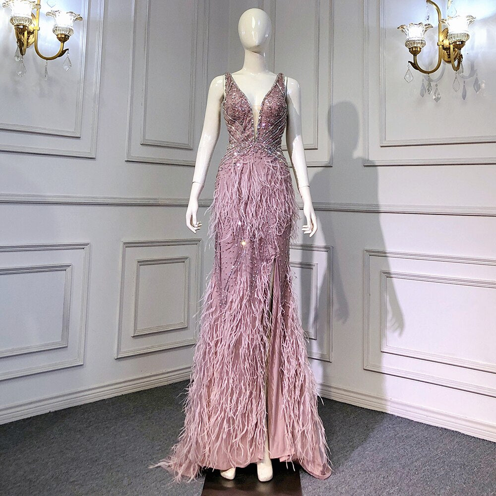 Elegant Gold Mermaid Evening Dress with High Slit & Feather Details - Backless Beaded Gown for Women - Perfect for Prom, Gala, and Red Carpet Events