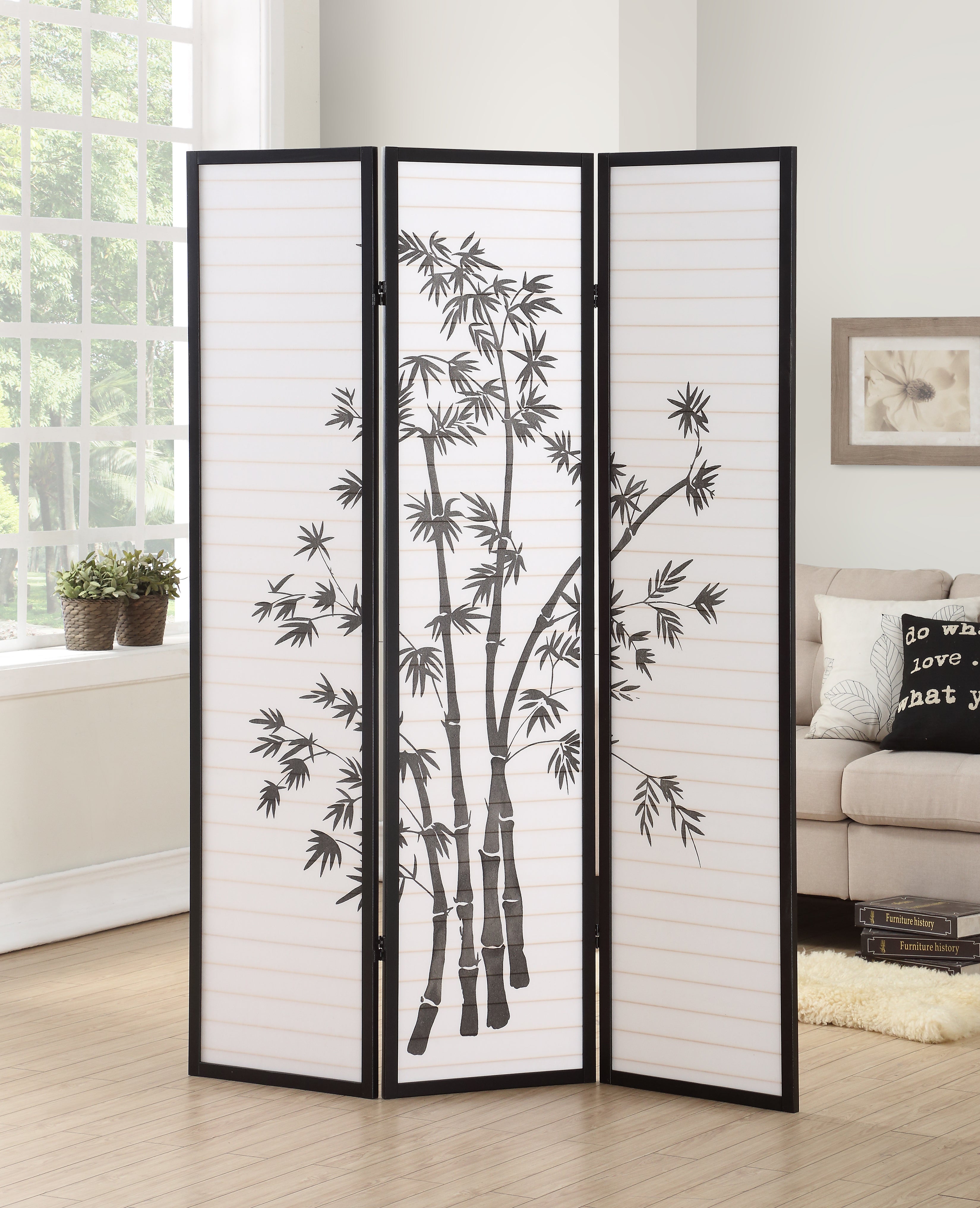 Roundhill Furniture 3 Panel Oriental Shoji Screen Room Divider - Black Bamboo Folding Partition for Home Office, Bedroom Privacy & Asian Decor