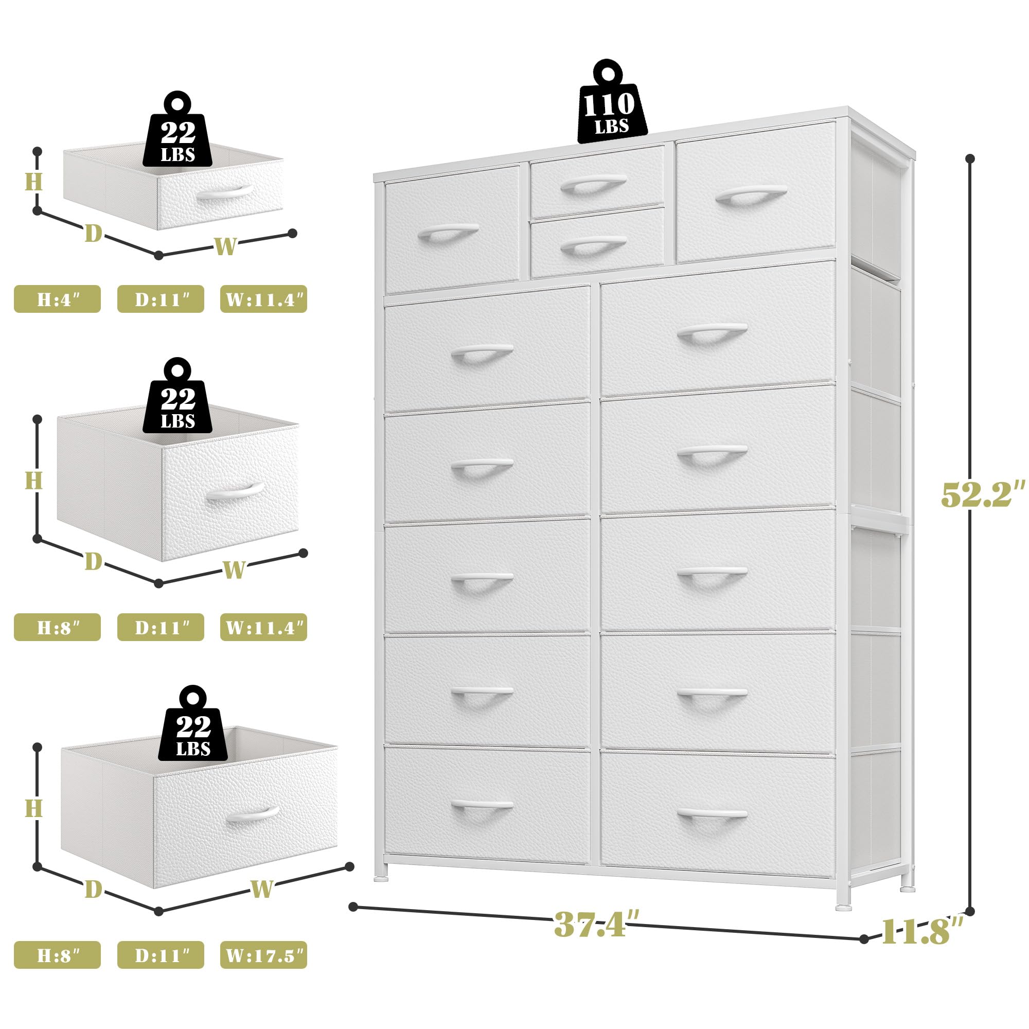 EnHomee 14-Drawer White Dresser for Bedroom - Tall Wooden Top & Metal Frame Fabric Storage Chest | Perfect for Bedroom, Closet & Living Room Organization