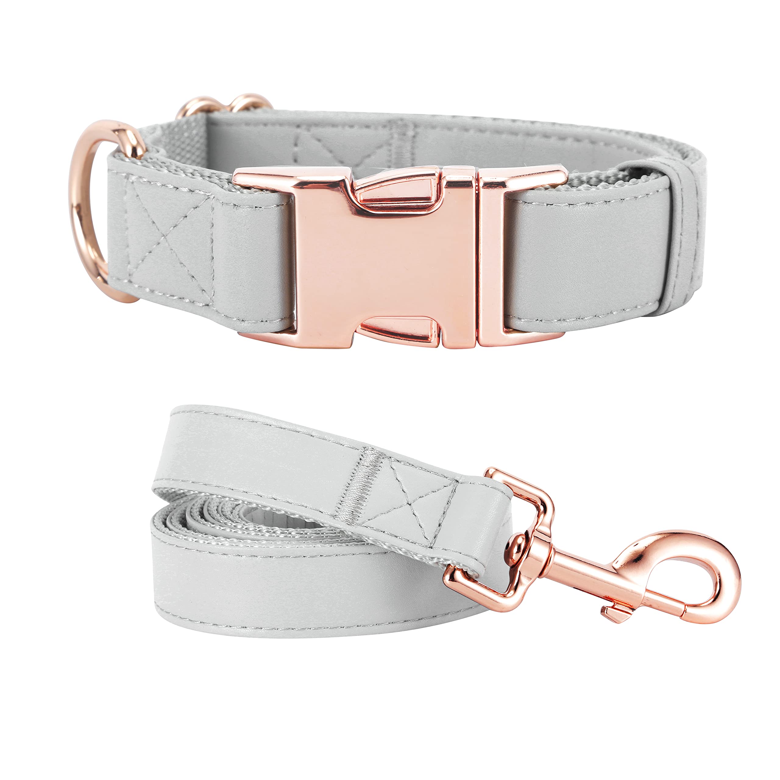 Vegan Leather Dog Collar and Leash Set with Rose Gold Buckle - Soft, Durable & Easy to Clean for Small, Medium & Large Dogs (Grey, Size S 12.2