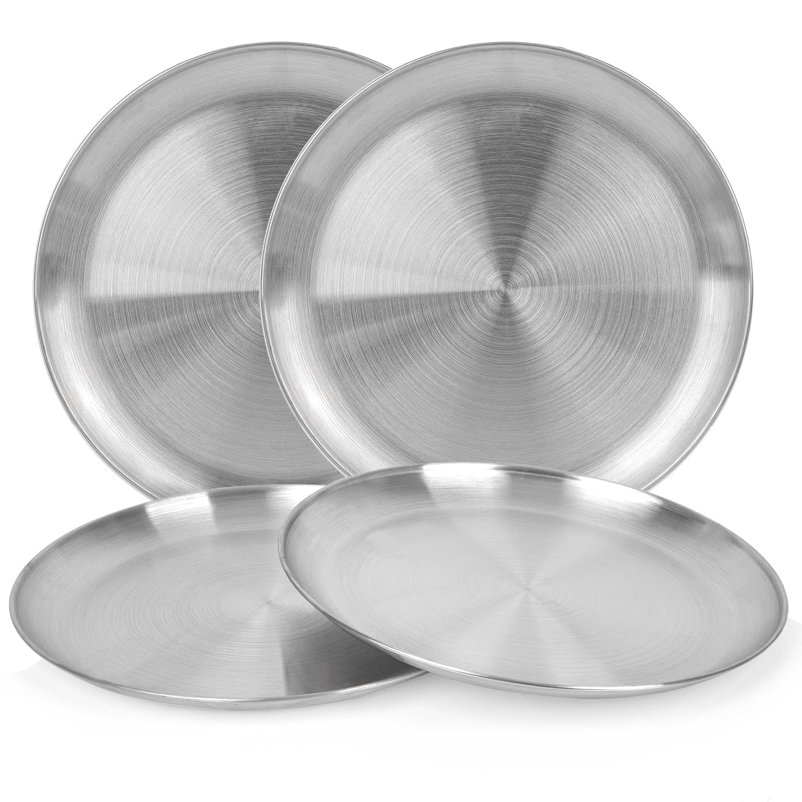 Stainless Steel Dinner Plates - 10 Inch Round Reusable Brushed Metal Plates, Heavy Duty Dishwasher Safe Kitchenware (4 Pack) - Perfect for BBQ, Steak, Picnics, Camping & Outdoor Dining