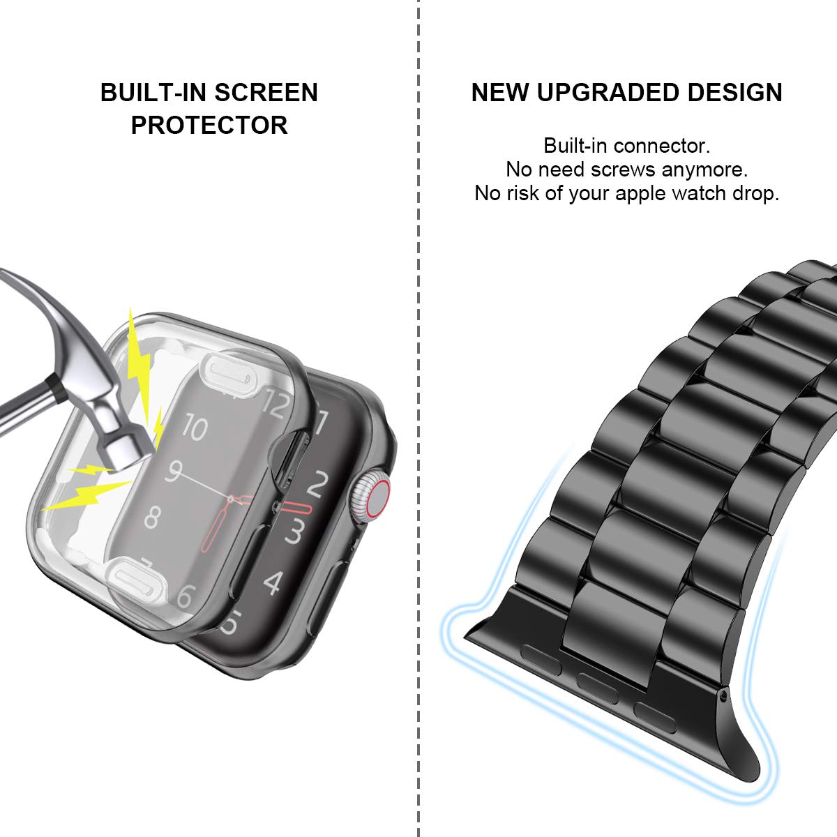 Premium Stainless Steel Apple Watch Band 44mm Compatible with Series 6/5/4/SE - Durable Metal iWatch Strap with Screen Protector Case for Men & Women (Black) - Perfect for Workouts, Office & Everyday Wear
