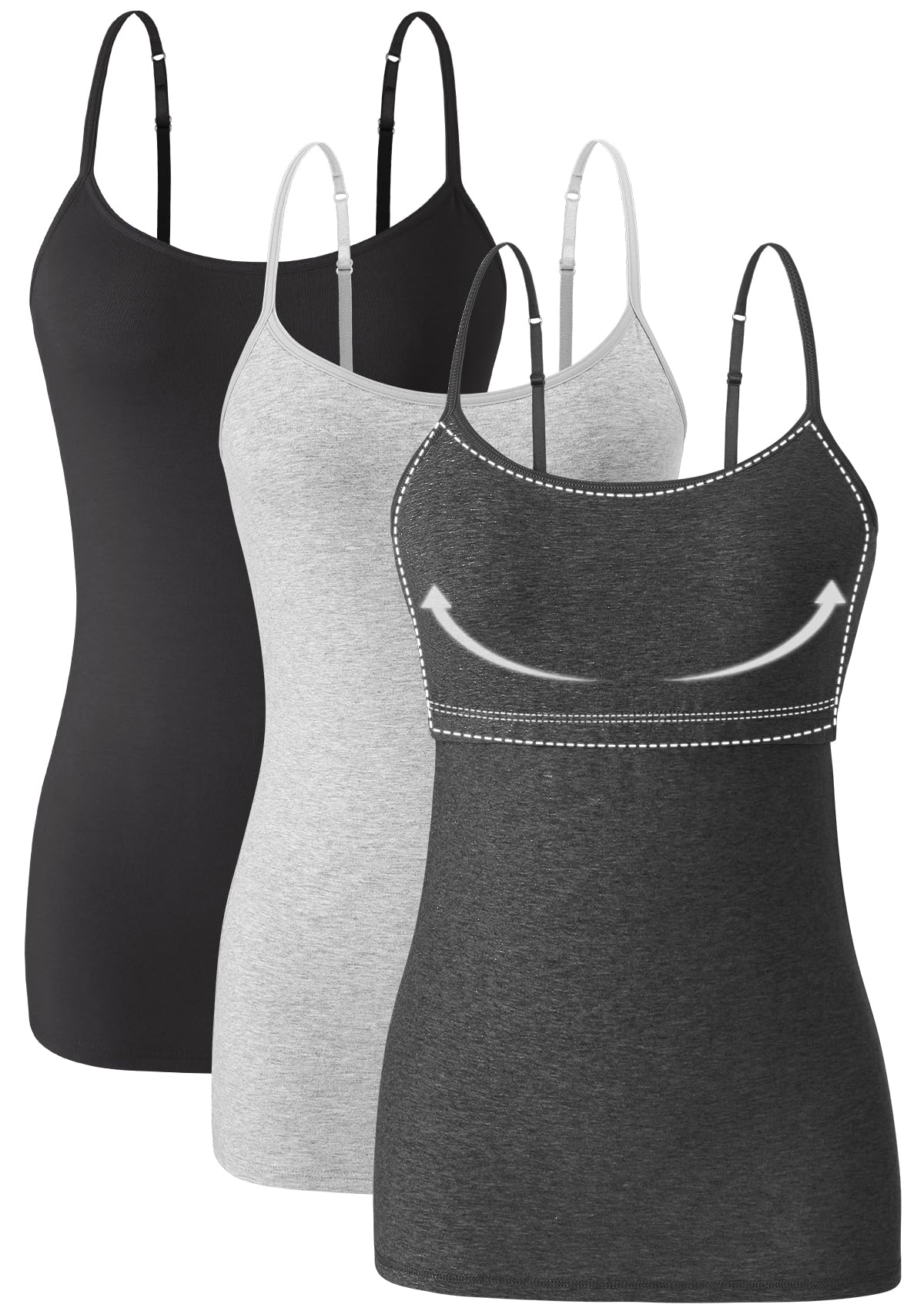 Orrpally Women's Cotton Camisole with Shelf Bra - Adjustable Spaghetti Strap Tank Tops 3-Pack | Comfortable Summer Layering, Casual Wear & Sleepwear