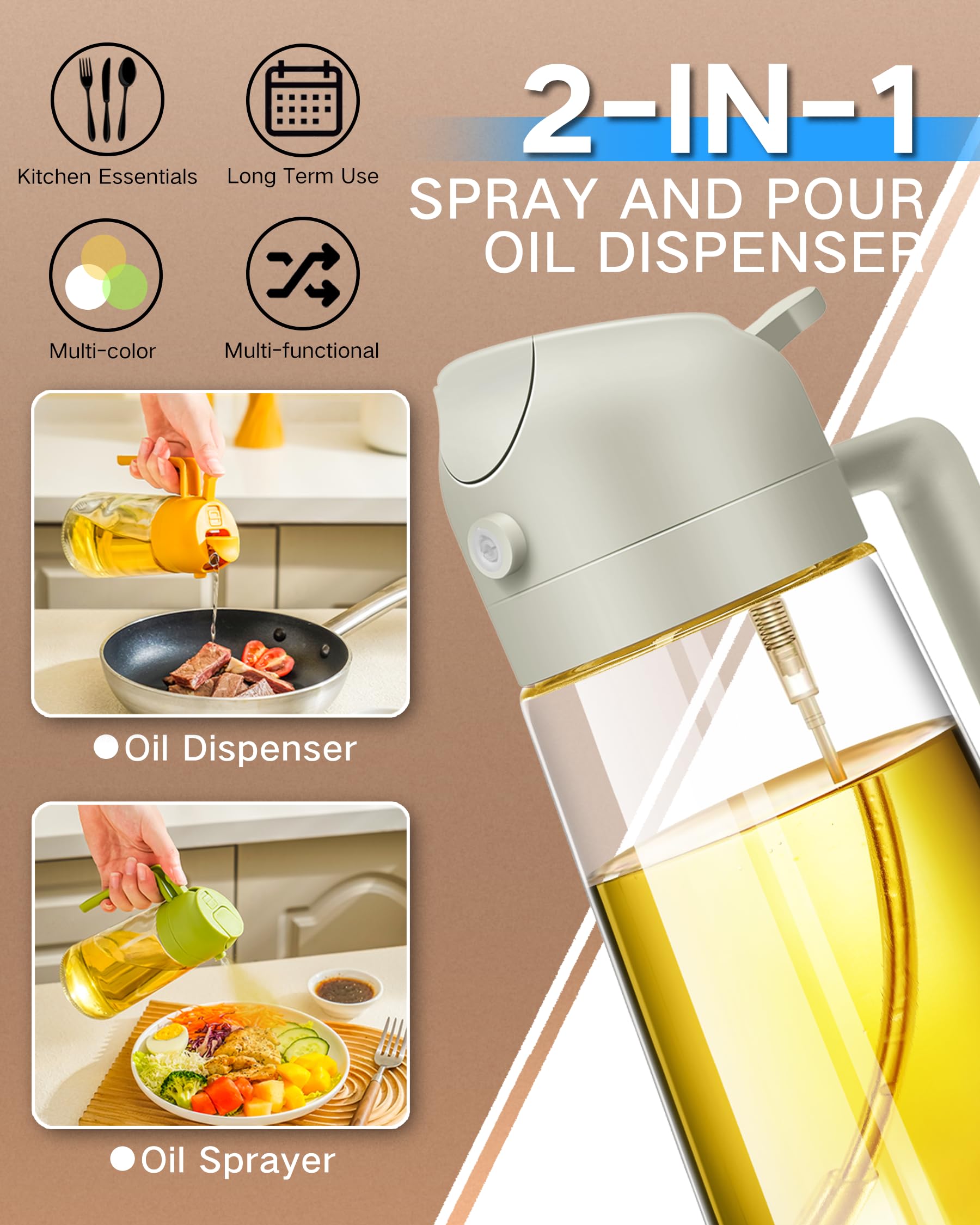 2 in 1 Glass Oil Dispenser & Sprayer - 17oz/500ml Olive Oil Bottle with Sprayer for Cooking, Kitchen, Salad, BBQ, Air Fryer - Perfect for Healthy Cooking & Meal Prep (White)