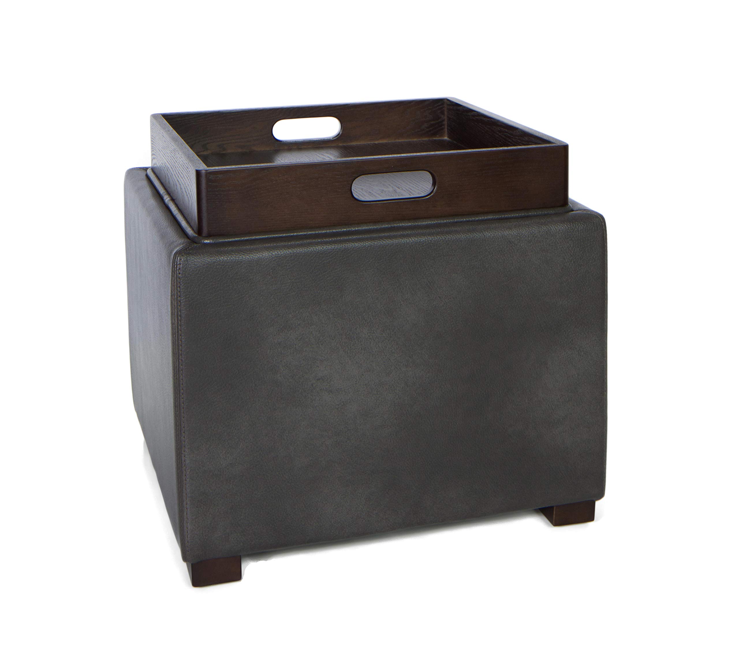 Cortesi Home Mavi Grey Wood Top Storage Cube Ottoman with Bonded Leather - Stylish Living Room Footrest, Bedroom Storage, and Coffee Table Organizer