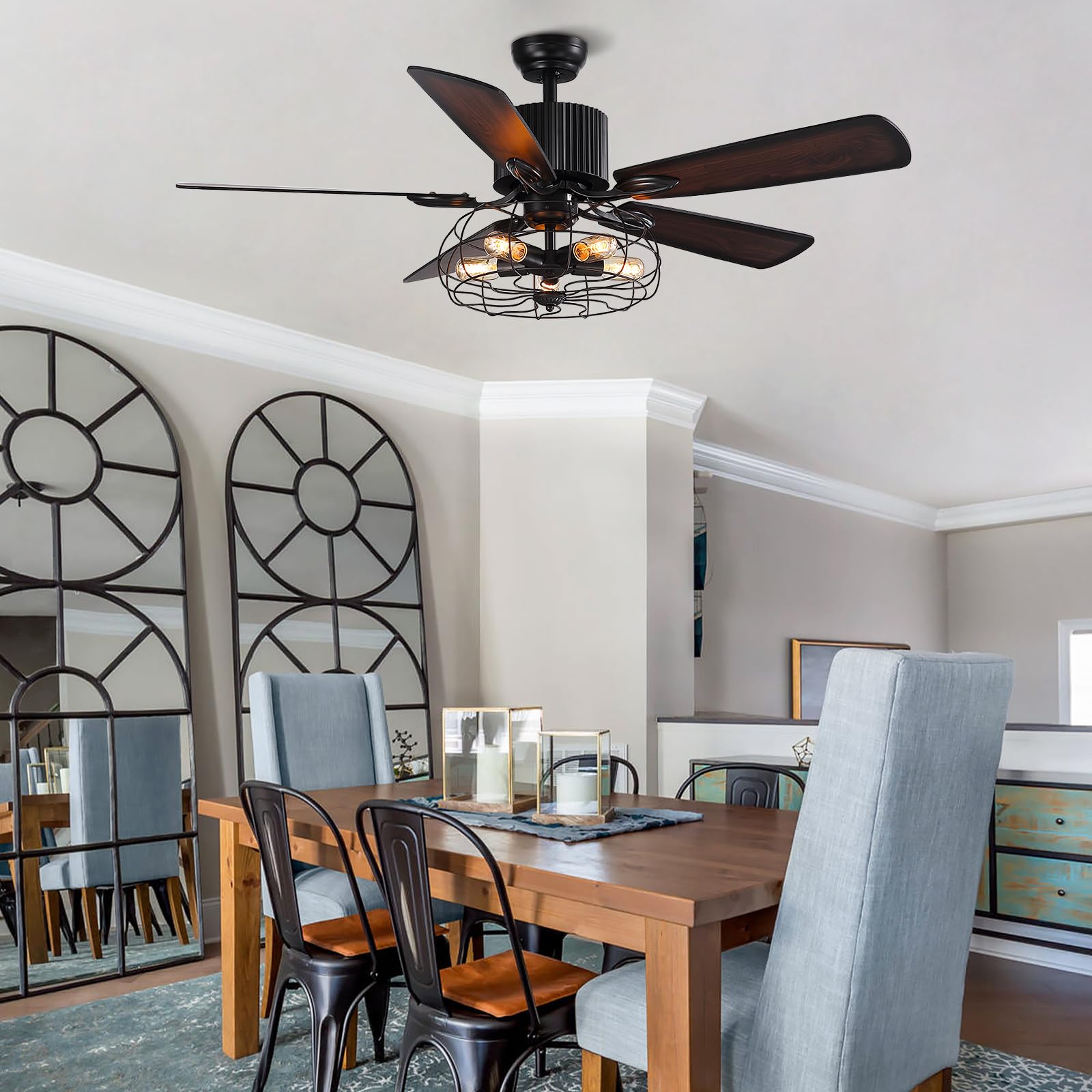 CROSSIO 52 Inch Farmhouse Ceiling Fan with Light Kit and Remote Control - Industrial Style Cage Ceiling Fan - 5 Reversible Wooden Blades - Rustic Black Finish - Perfect for Dining Room, Living Room, Bedroom, Porch and Patio