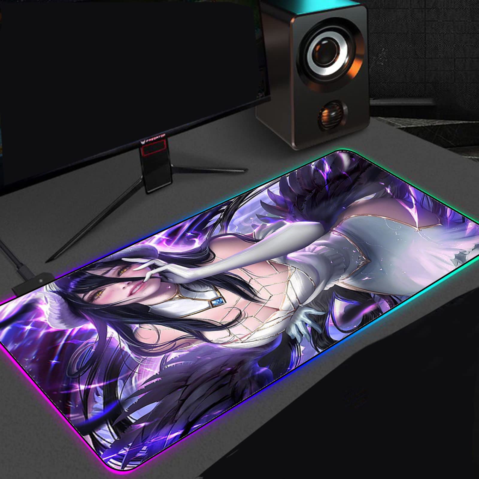 Anime Overlord Albedo Kawaii Girl RGB Gaming Mouse Pad - Large LED Soft Extended Mouse Mat with Anti-Slip Rubber Base (19.7x47.2 inches) for PC Gaming Setup & Office Workstation