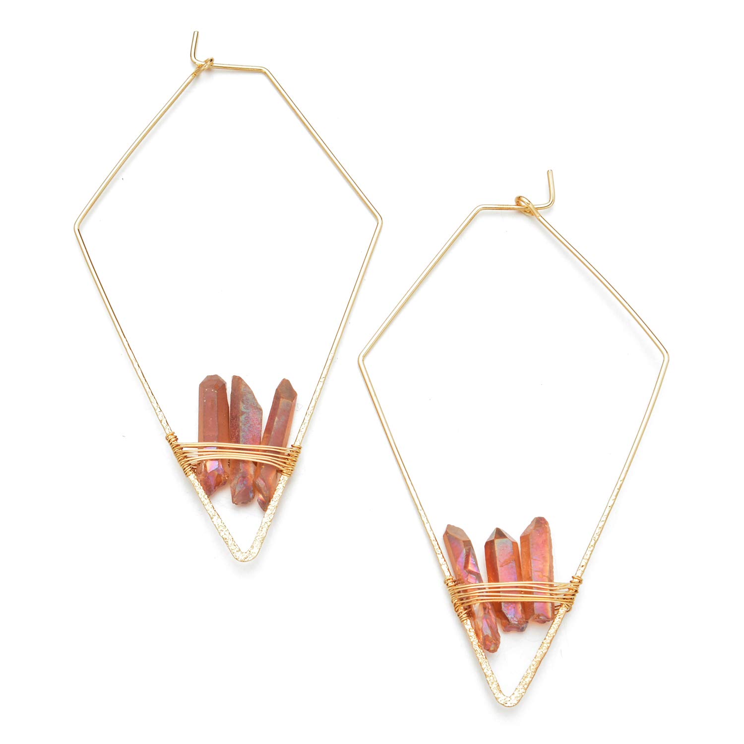 Geometric Triangle Raw Quartz Crystal Hoop Dangle Earrings for Women - Minimalist Gold Rhombus Drop Earrings with Copper Wire Threader | Boho Chic Jewelry for Everyday Wear & Special Occasions