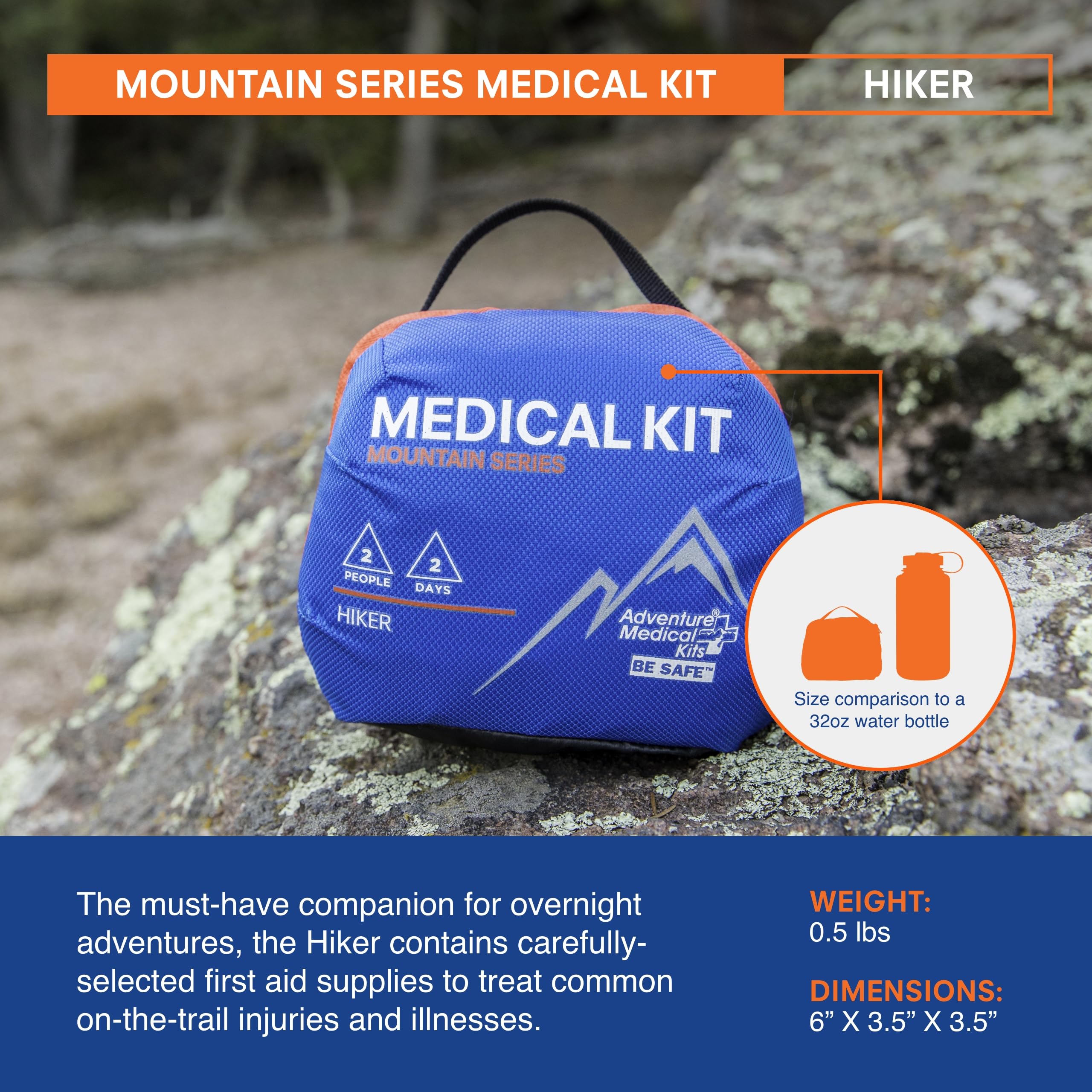 Adventure Medical Kits Mountain Series Hiking First Aid Kit - Emergency Medical Supplies for 2 People (2 Days) - Includes Trauma Pad, Medications & Guidebook - Perfect for Hiking, Camping & Outdoor Adventures