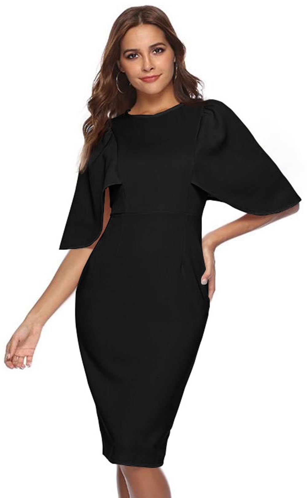 Memoriesea Women's Ruffle Flared Sleeve Bodycon Pencil Dress for Cocktail Party, Formal Occasions & Office Wear - Elegant Midi Dress for Women's Night Out, Date Night & Special Events
