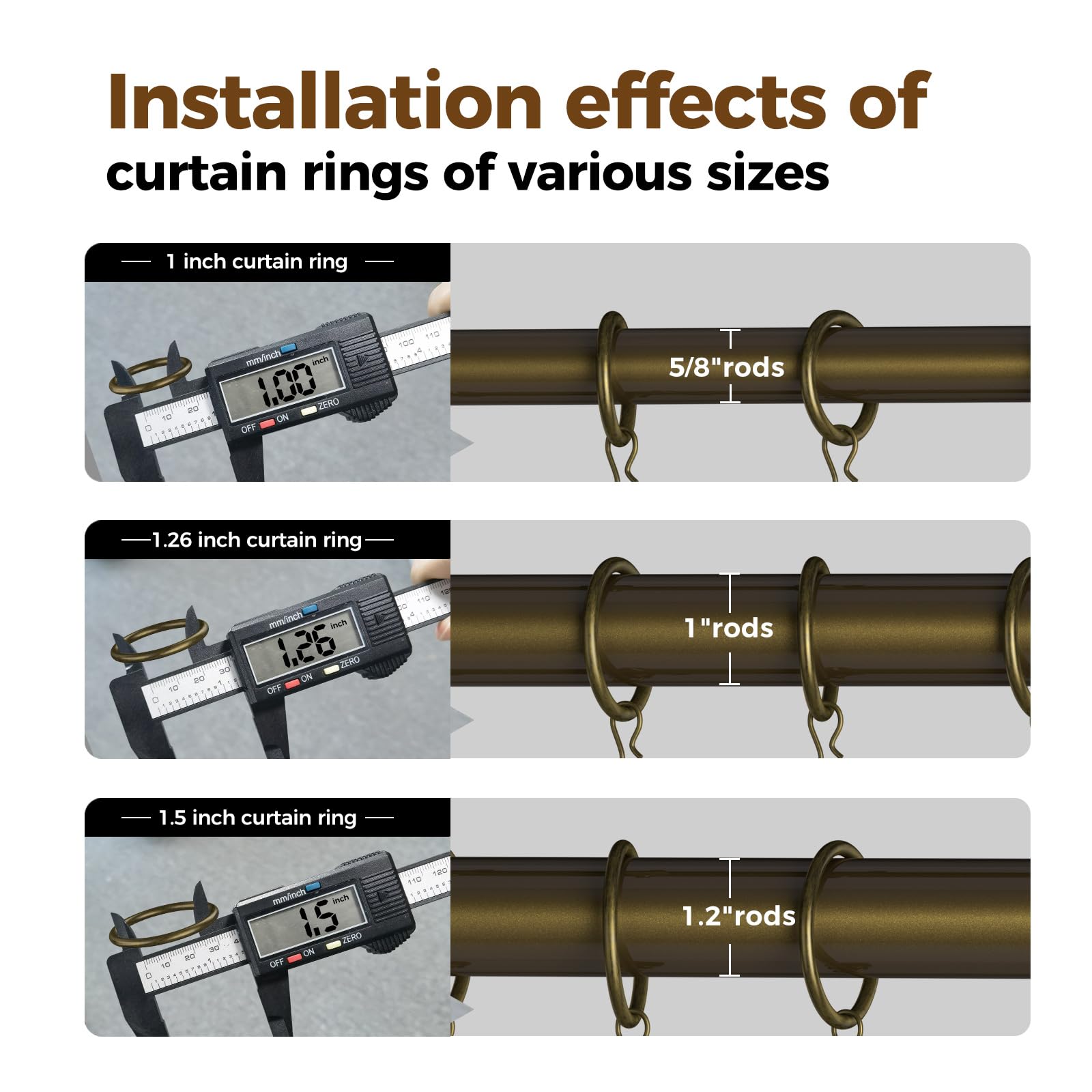 100 Pack Bronze Curtain Rings with Clips - 1 Inch Interior Diameter Drapery Hooks for 5/8 Inch Rods - Durable Metal Curtain Accessories for Living Room, Bedroom & Window Decor