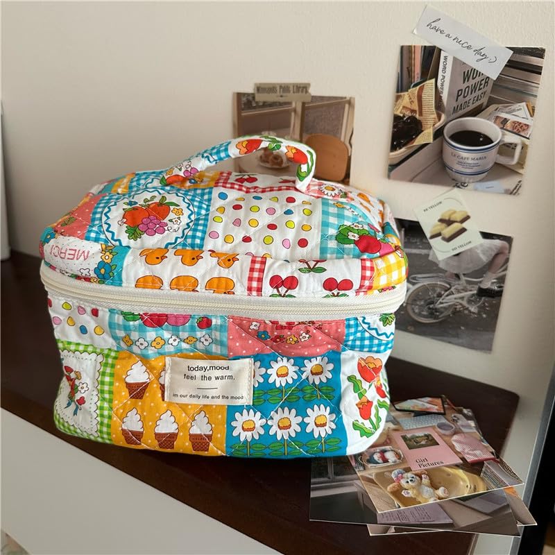 Large Cotton Makeup Bag for Women - Quilted Travel Cosmetic Pouch with Floral Design, Cute Coquette Aesthetic Toiletry Organizer | Perfect for Travel, Gym, and Daily Beauty Essentials Storage (Cute Flower Pattern)