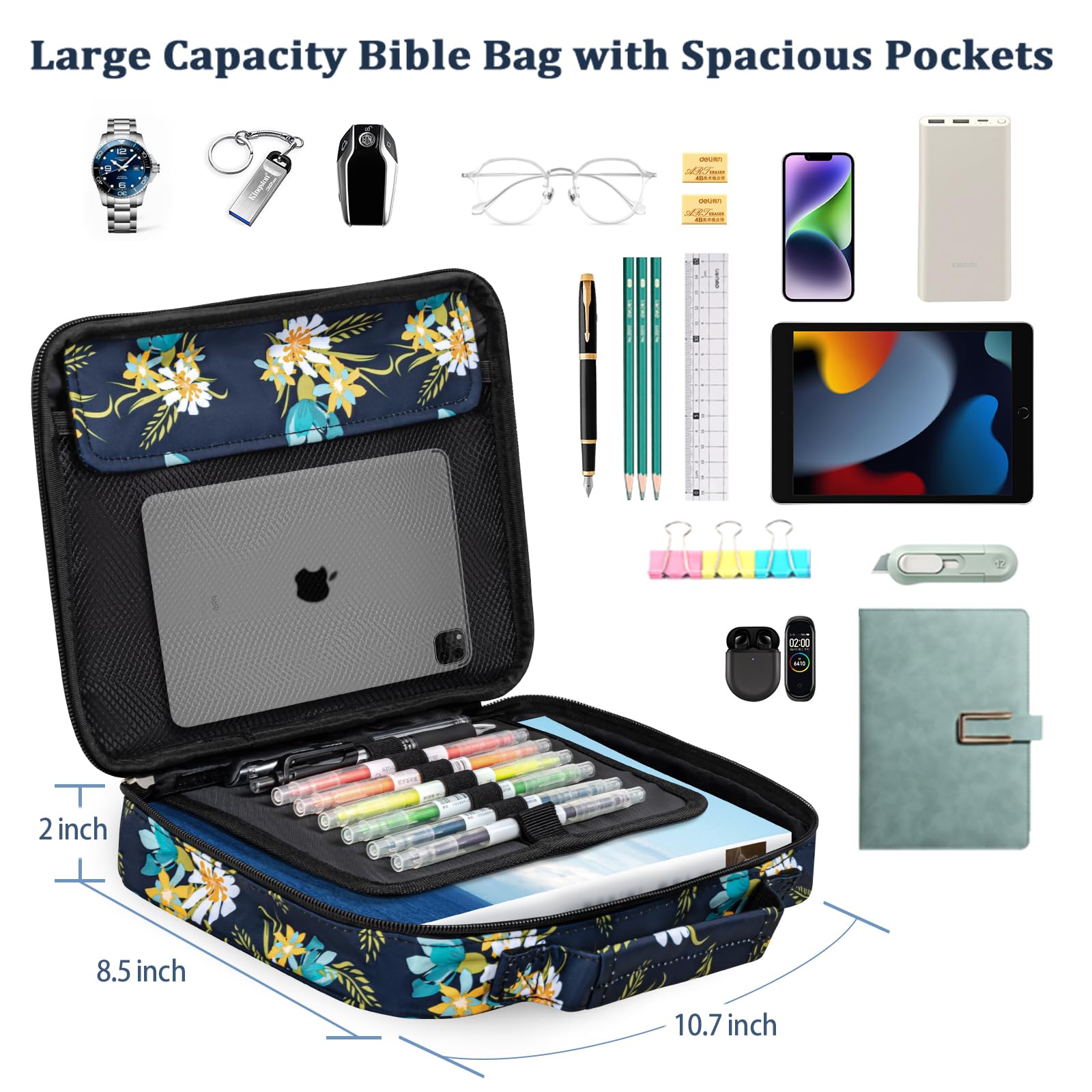 HAWGON Bible Cover for Women & Men - Large Multi-Functional Bible Case with Detachable Pen Slots, Religious Book Organizer for Church, Bible Study, Office & Travel - Perfect Gift for Christian Devotion (Navy Floral Design)