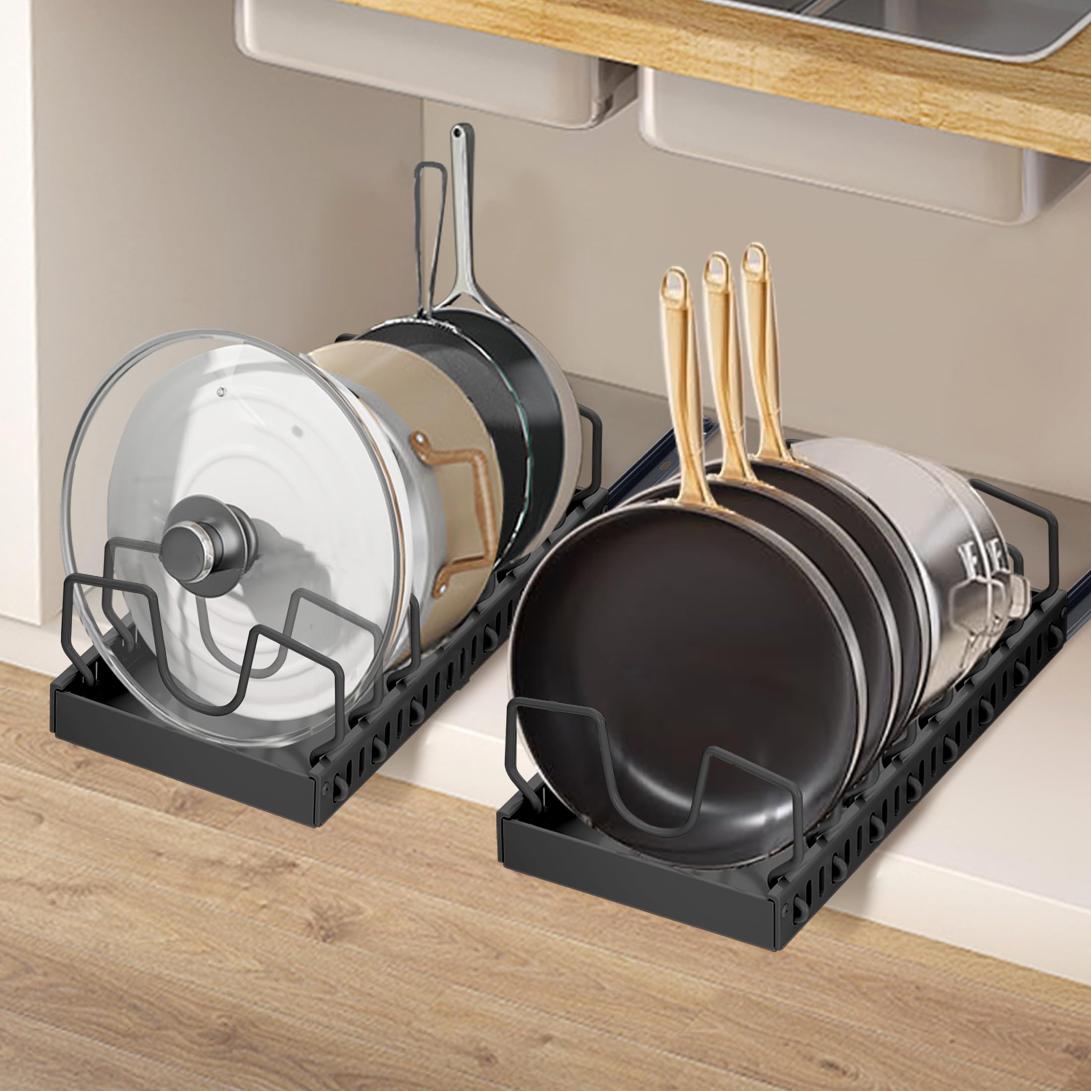 XIAPIA Pull Out Cabinet Organizer - 2 Pack Black Adjustable Kitchen Storage with 8 Dividers for Pots, Pans & Lids - Space Saving Under Cabinet Shelf Organizer for Easy Access & Clutter-Free Kitchen