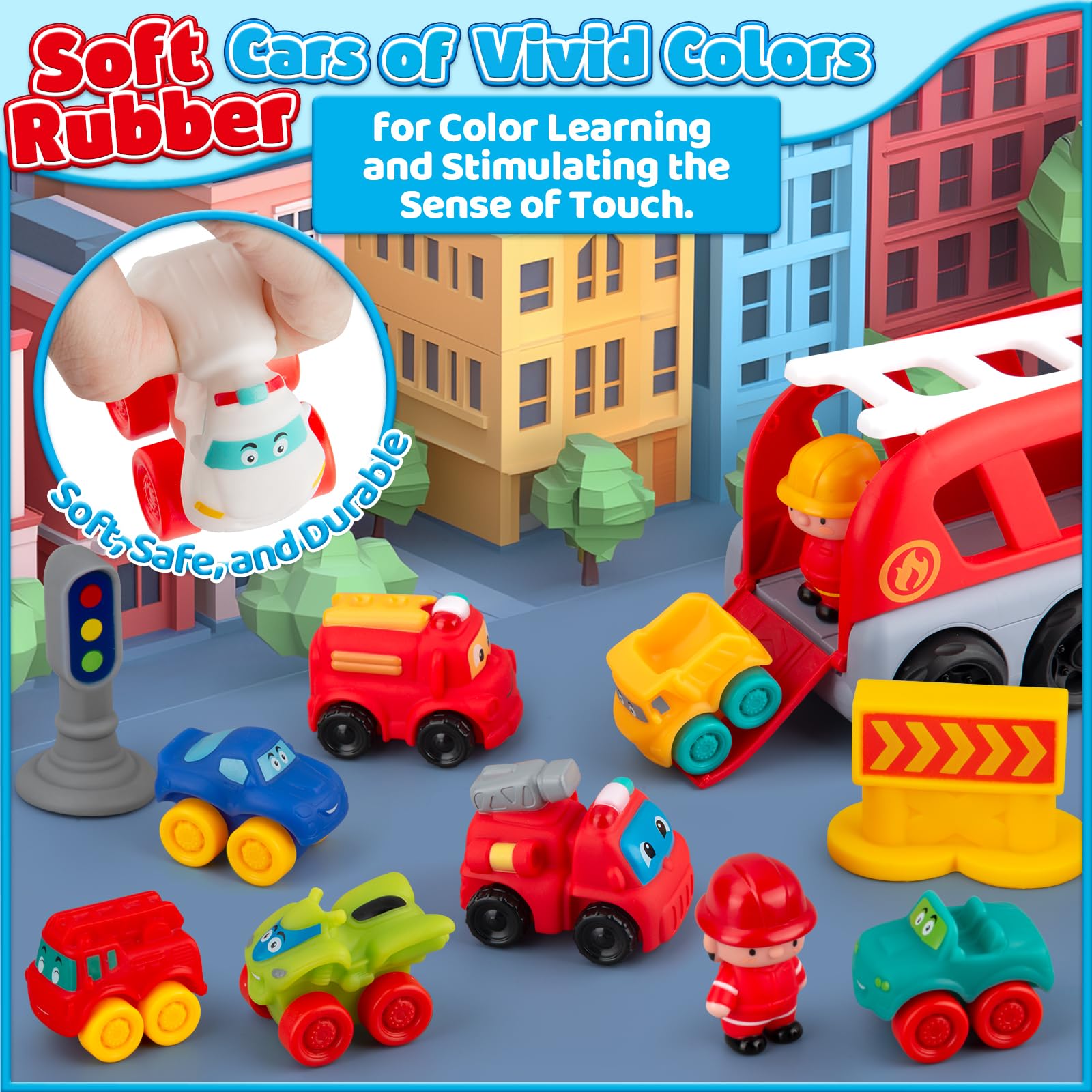 13PCS Soft Rubber Cartoon Car Toys for 1-3 Year Old Boys - Safe Baby Vehicle Playset with Trailer for Toddlers Age 12-24 Months | First Birthday Gift, Valentine's Present | Perfect for Playtime, Learning & Early Childhood Development