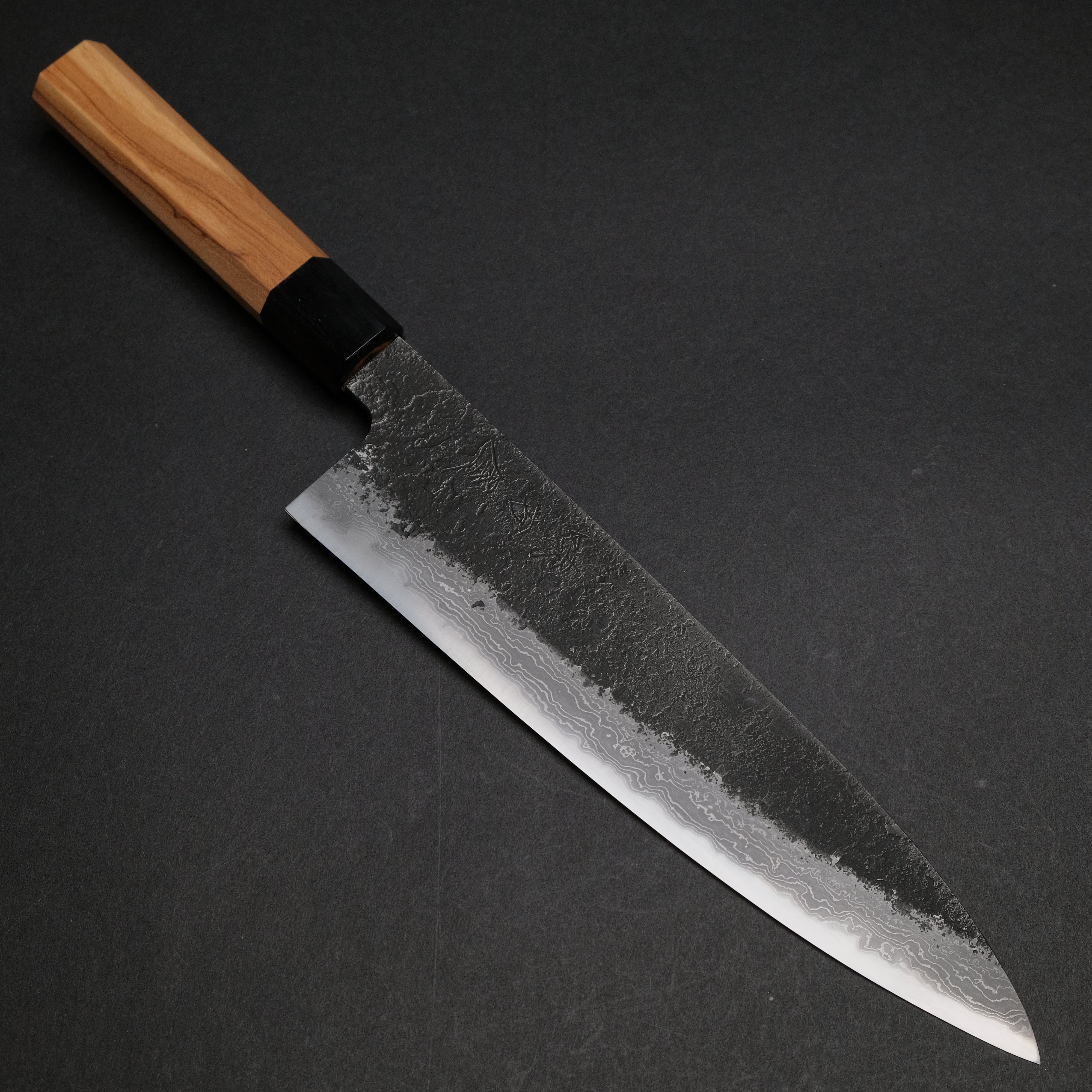 Ajikataya White #2 Nashiji Damascus Gyuto 210mm Japanese Chef Knife with Olive Wood & Buffalo Horn Handle - Perfect for Sushi, Meat Slicing, and Professional Kitchen Use