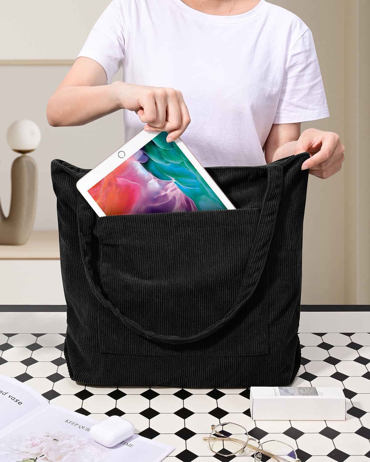 Stylish Corduroy Tote Bag for Women - Large Capacity Zippered Hobo Shoulder Bag with Inner Pockets | Perfect for Work, Travel & Everyday Use