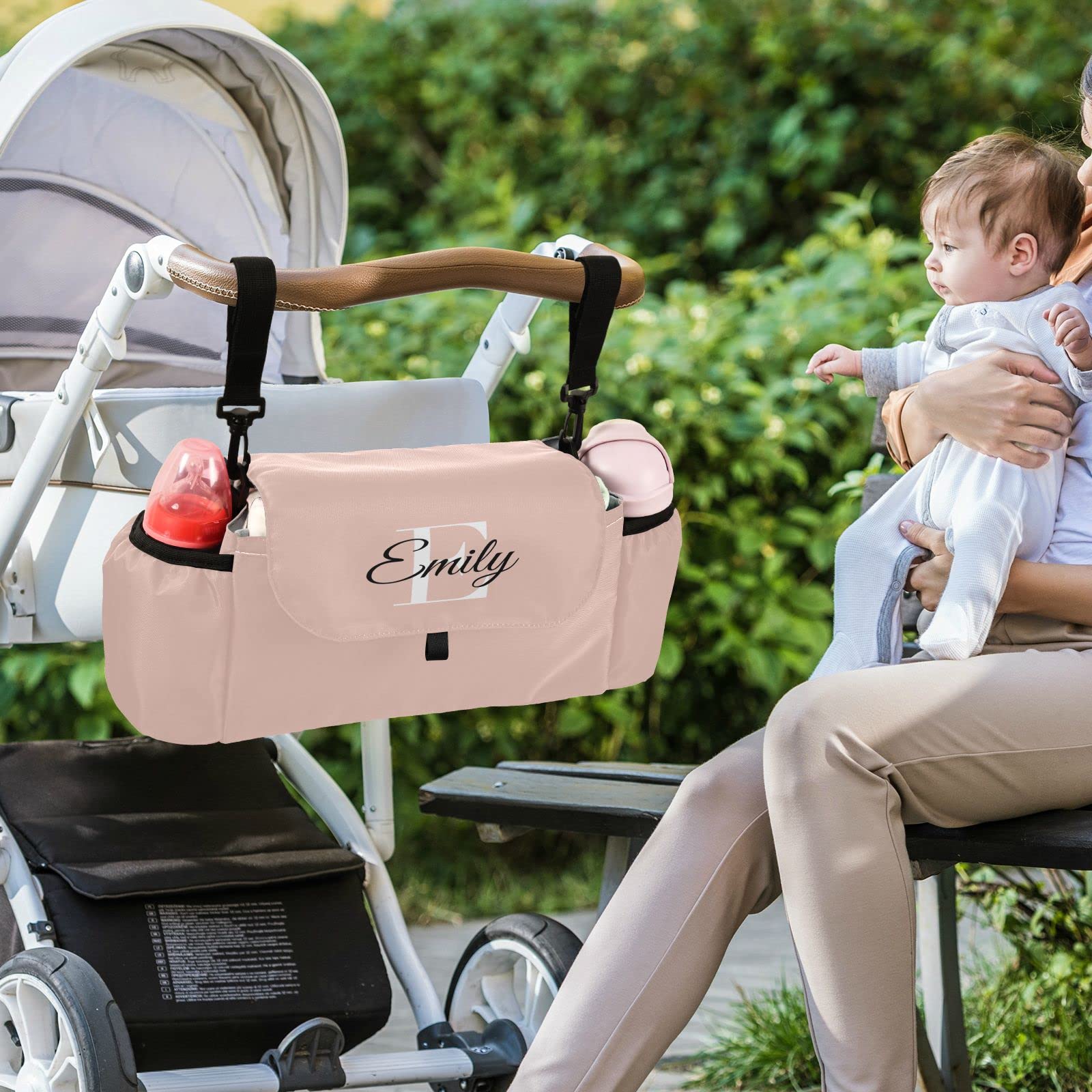 **Sinestour Custom Pink Universal Stroller Organizer with Cup Holder - Personalized Diaper & Toy Storage Bag for Phones, Keys - Fits All Baby Strollers - Perfect for Park Walks, Shopping & Travel**