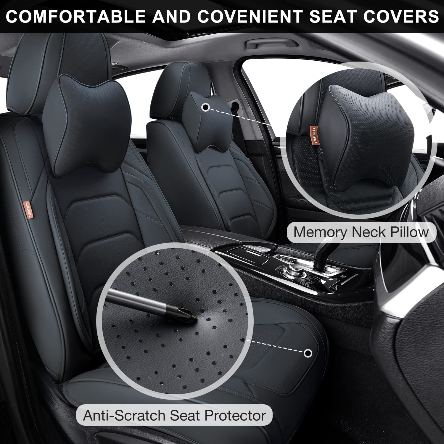 Premium Black Car Seat Covers Full Set - Breathable Leather Front & Rear Seat Protectors with Headrest Covers | Universal Fit for Most Vehicles (Sedans, SUVs, Trucks) | Enhanced Comfort for Long Drives, Road Trips & Daily Commutes