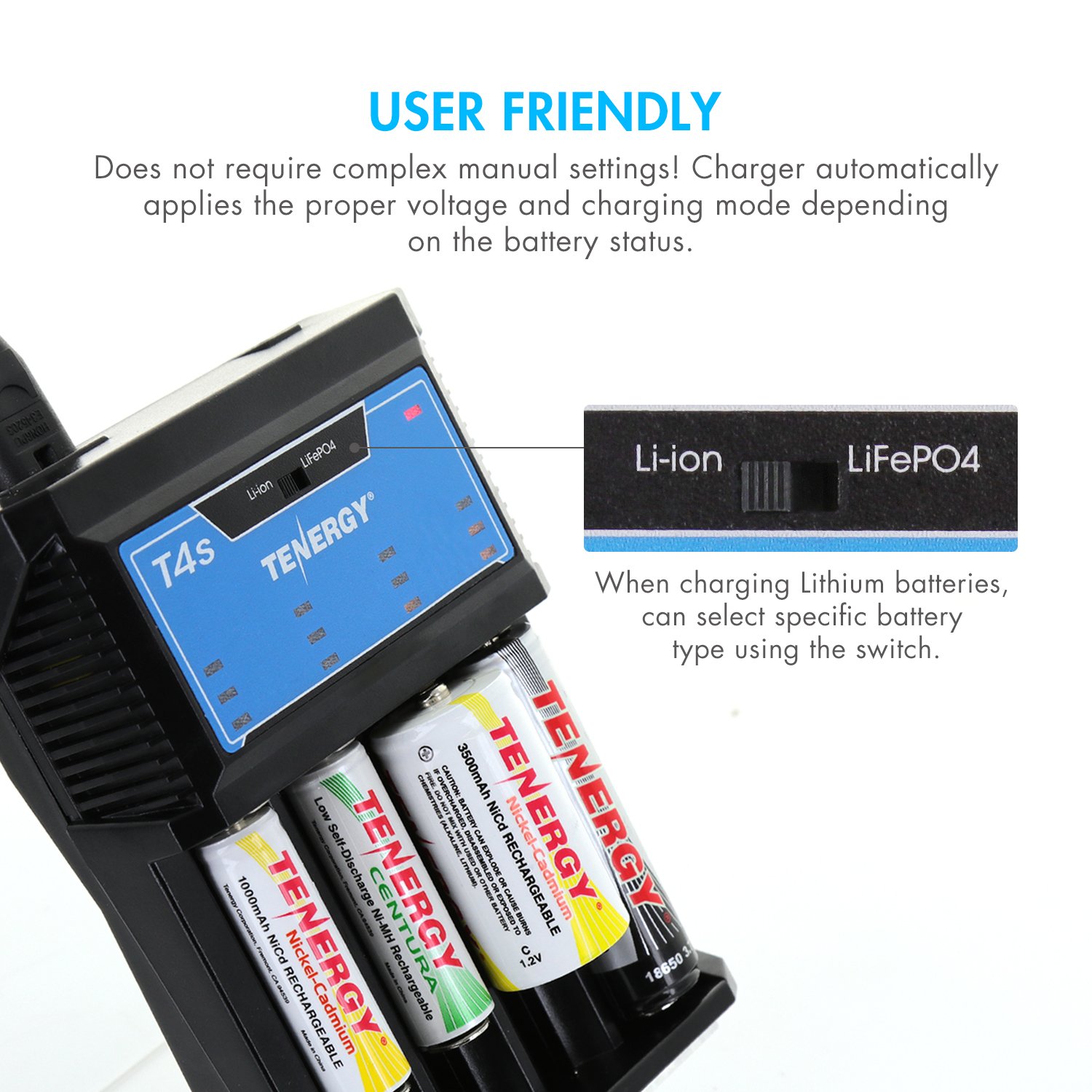 Tenergy Rechargeable NiMH C Batteries (2-Pack) & Universal T4s Battery Charger for Li-ion/NiMH/NiCd AA/AAA/C/18650 - Includes Car Adapter | Perfect for Flashlights, Toys, Cameras & Emergency Kits