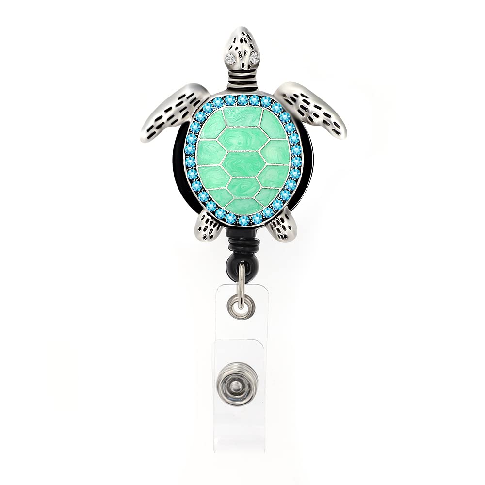 Aquamarine Enamel Sea Turtle Retractable ID Badge Reel with Name Card Holder - Nurse Lanyard for Hospital, Office & School Use