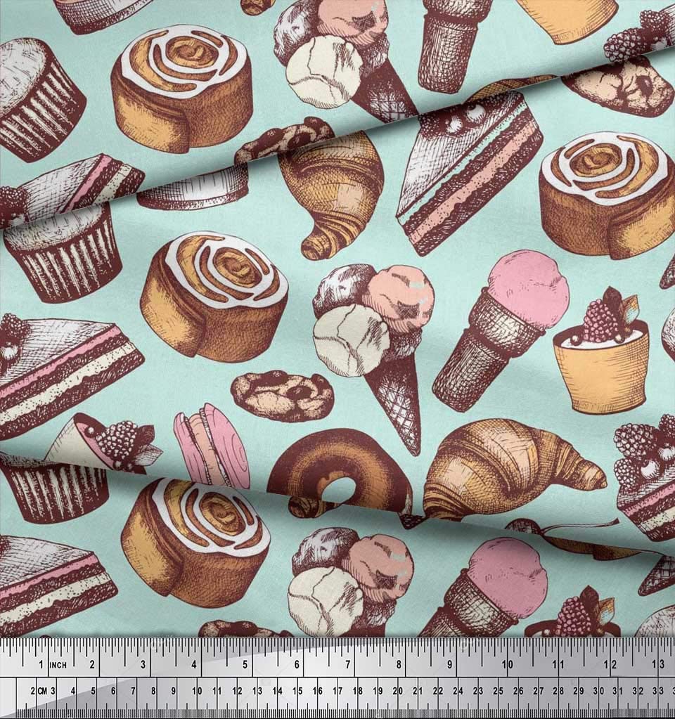 Soimoi 100% Cotton Poplin Fabric by The Yard - 42 Inch Wide - Green Cupcake, Donut & Cookies Food Print - Whimsical Printed Fabric for Quilting, Dressmaking, DIY Crafts & Home Decor Projects