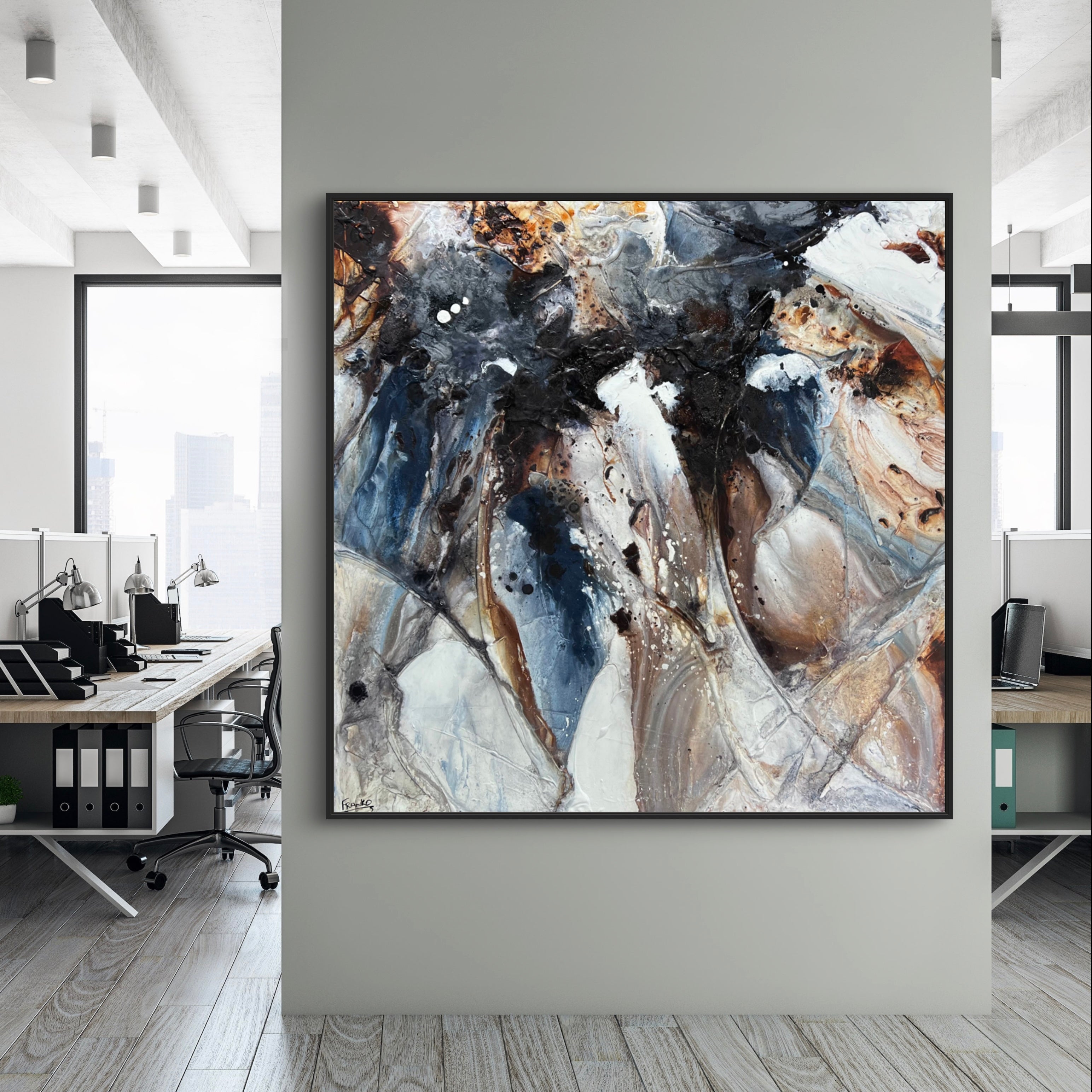 150cm x 150cm Rustic Blue Denim & Umber Textured Abstract Canvas Painting - Modern Wall Art for Living Room, Bedroom & Office Decor