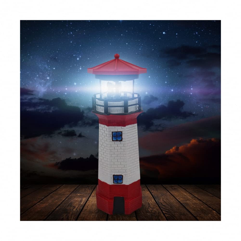 Solar LED Lighthouse Lantern with Smart Motion Sensor - 360° Rotating Beacon Light for Outdoor Courtyard, Garden, Fence & Patio Decor | Weatherproof Red Landscape Lighting for Backyard, Pathway & Poolside Ambience