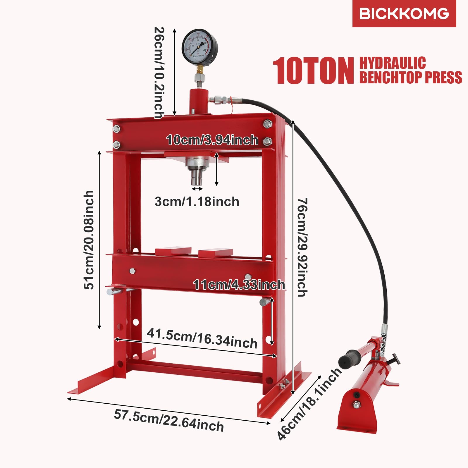 10 Ton Heavy Duty Hydraulic Shop Press with Pressure Gauge - H-Frame Adjustable Benchtop Floor Press for Auto Repair, Metalworking & Mechanical Workshops - Ideal for Bearing Removal, Straightening Metal, and Automotive Repairs