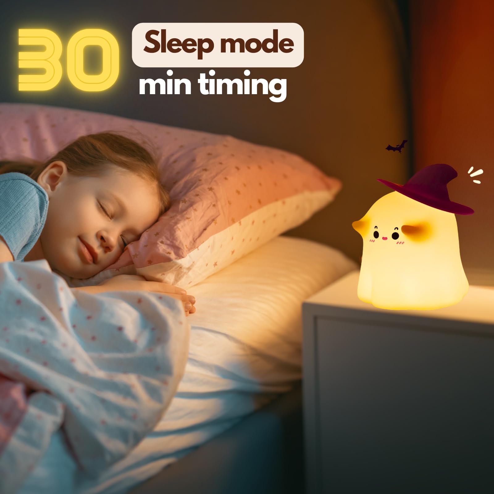 Ghost Night Light - Halloween Decorations, Rechargeable Silicone Night Lamp with 3-Level Dimmable Brightness | Perfect Bedside Lamp, Nursery Nightlight & Dorm Decor | Fun Holiday Gift & Cool Gadget for Kids | Ideal for Bedrooms, Kids' Rooms & Halloween Parties