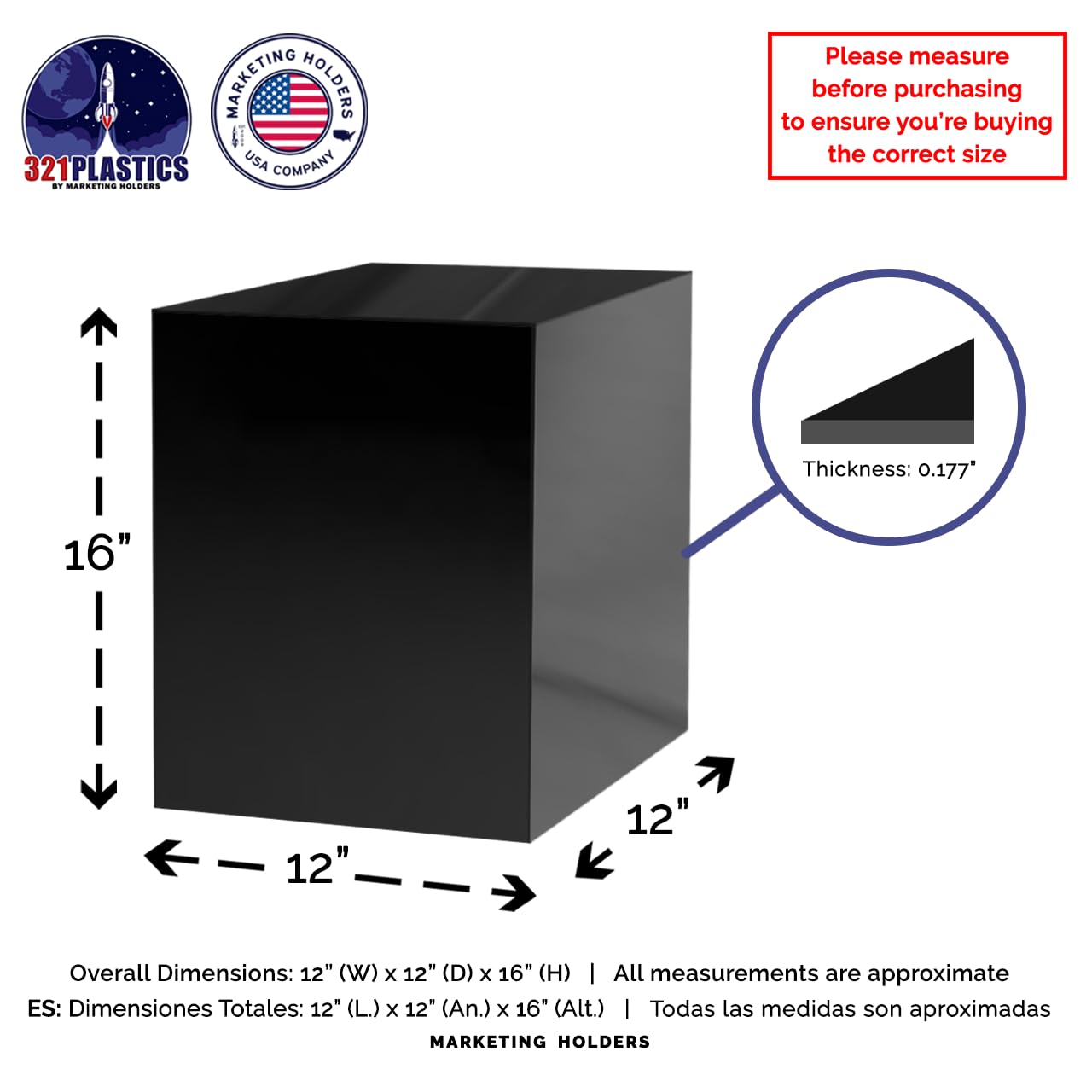 Black Pedestal Display Stand 12x12x16 Inches - 5-Sided Tall Cube for Art Exhibits, Flower Arrangements, Plant Displays, Retail Risers & Collectible Showcases | No Lid Cover | Modern Home & Store Decor