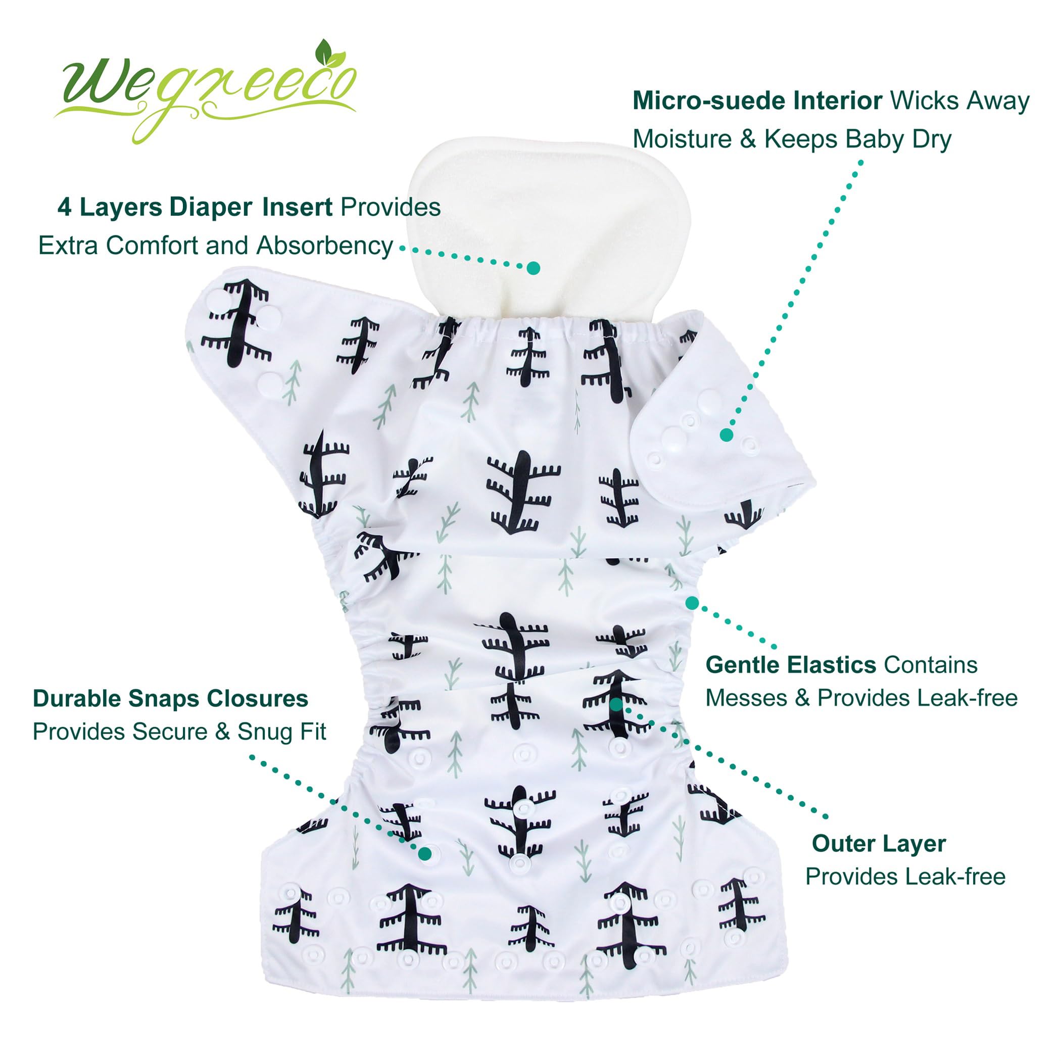 Wegreeco 6 Pack Washable Cloth Diapers for Babies with 6 Inserts & 1 Wet Bag - One Size Adjustable Reusable Baby Diapers (Forest Animals Print) - Eco-Friendly, Soft & Absorbent for Daycare, Travel & Home Use
