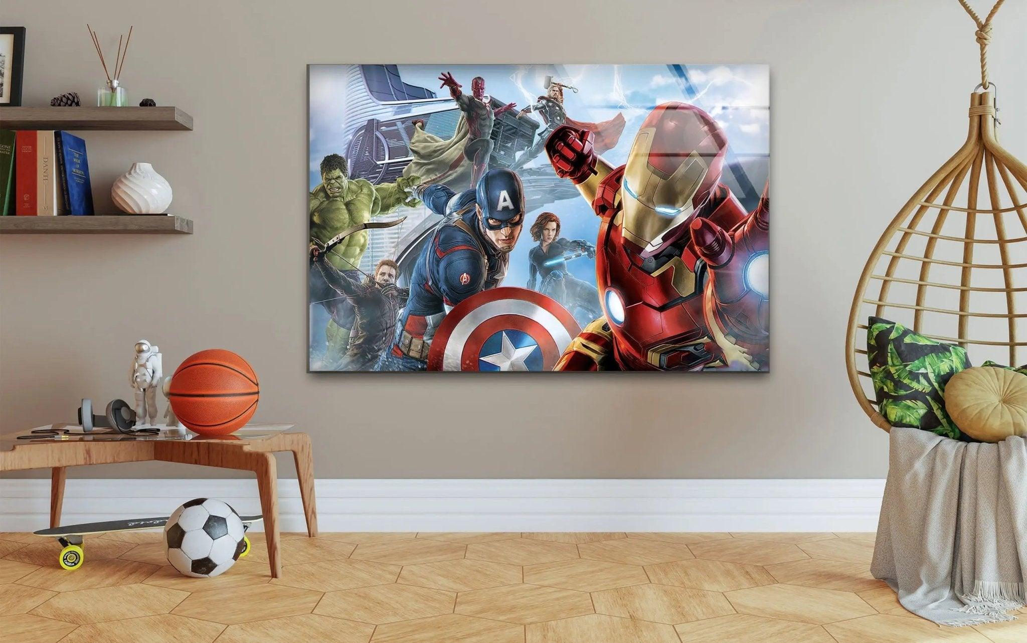 Marvel Avengers Superhero Glass Wall Art - Iron Man, Captain America, Hulk & Thor - Perfect for Home, Office & Game Room Decor