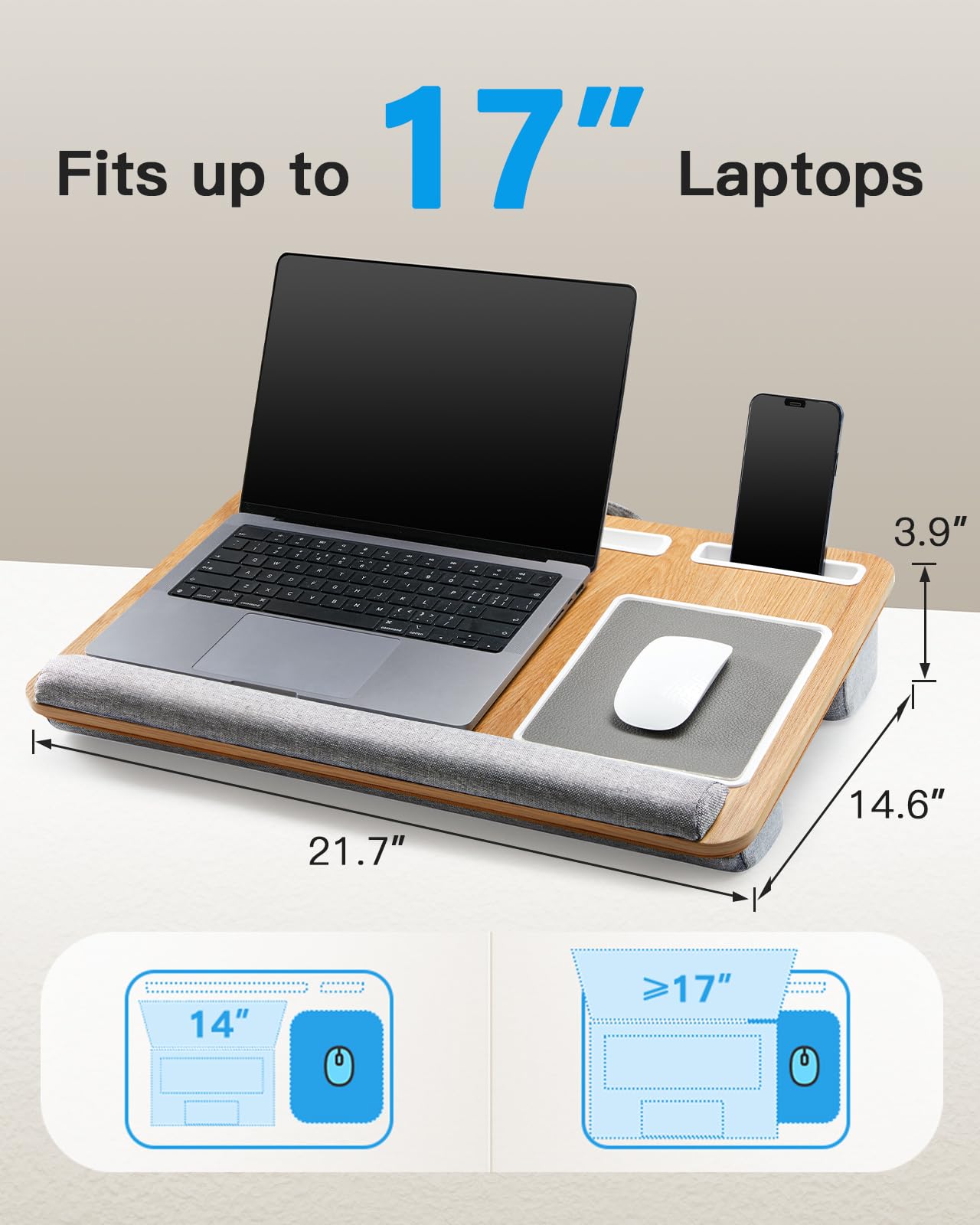 HUANUO Adjustable Lap Desk for Laptop - 17 Inch Portable Laptop Stand with Built-in Mouse Pad, Wrist Rest & Tablet/Phone Holder - Wood Grain Design for Home Office, Bed, Couch & Travel Use